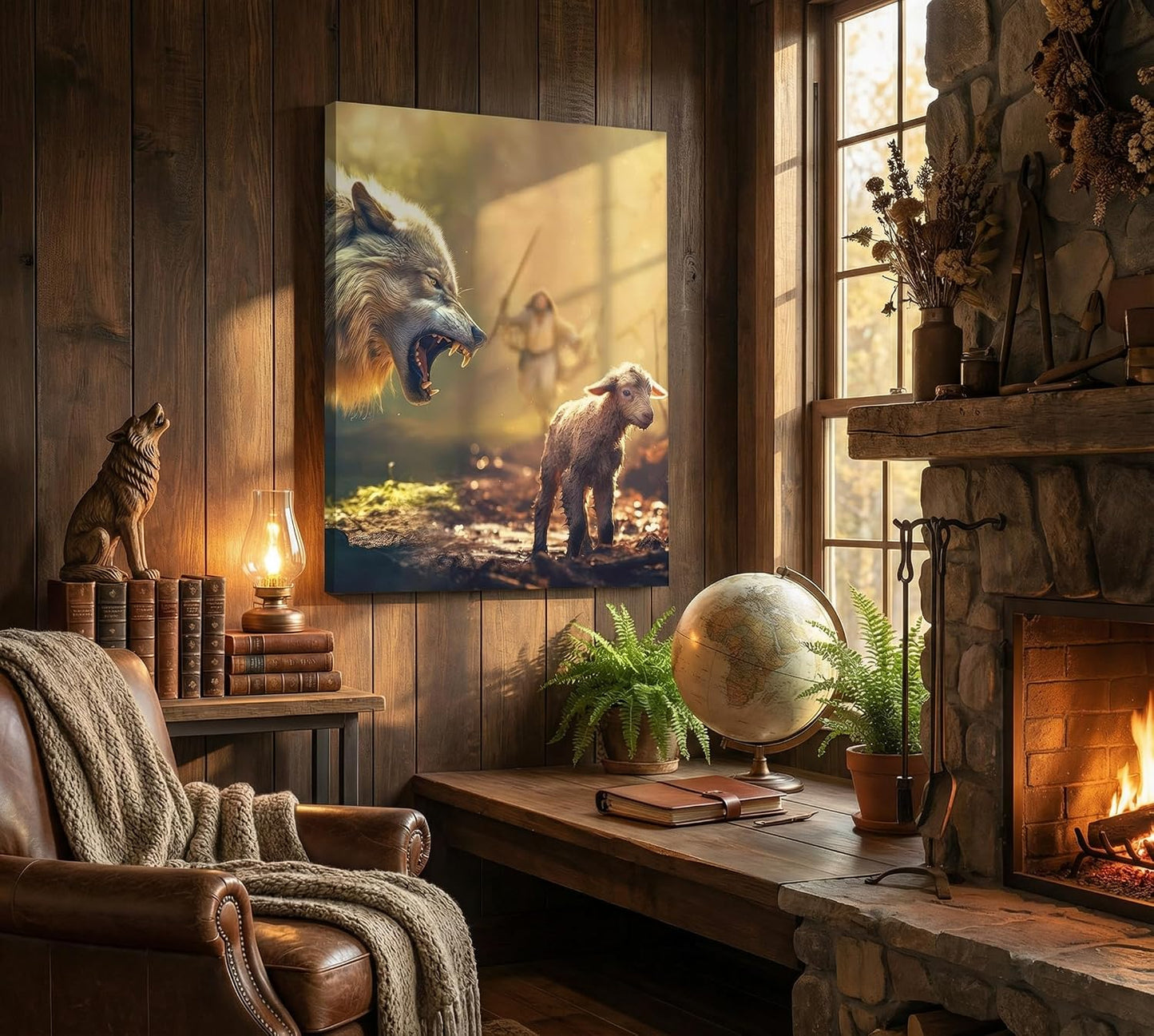 KKJ Jesus Saves The Lamb Canvas Wall Art | Jesus Running Towards Wolf & Lamb Picture, Christian Poster Print Painting, Living Room Bedroom Church Decor, Home Decoration BST326H