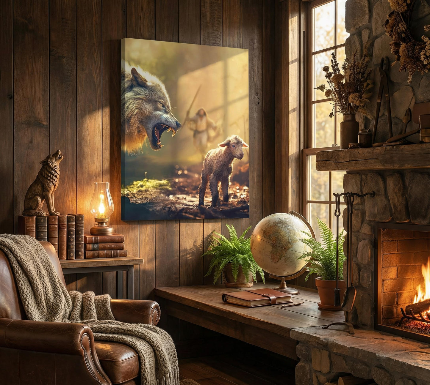 KKJ Jesus Saves The Lamb Canvas Wall Art | Jesus Running Towards Wolf & Lamb Picture, Christian Poster Print Painting, Living Room Bedroom Church Decor, Home Decoration BST326H