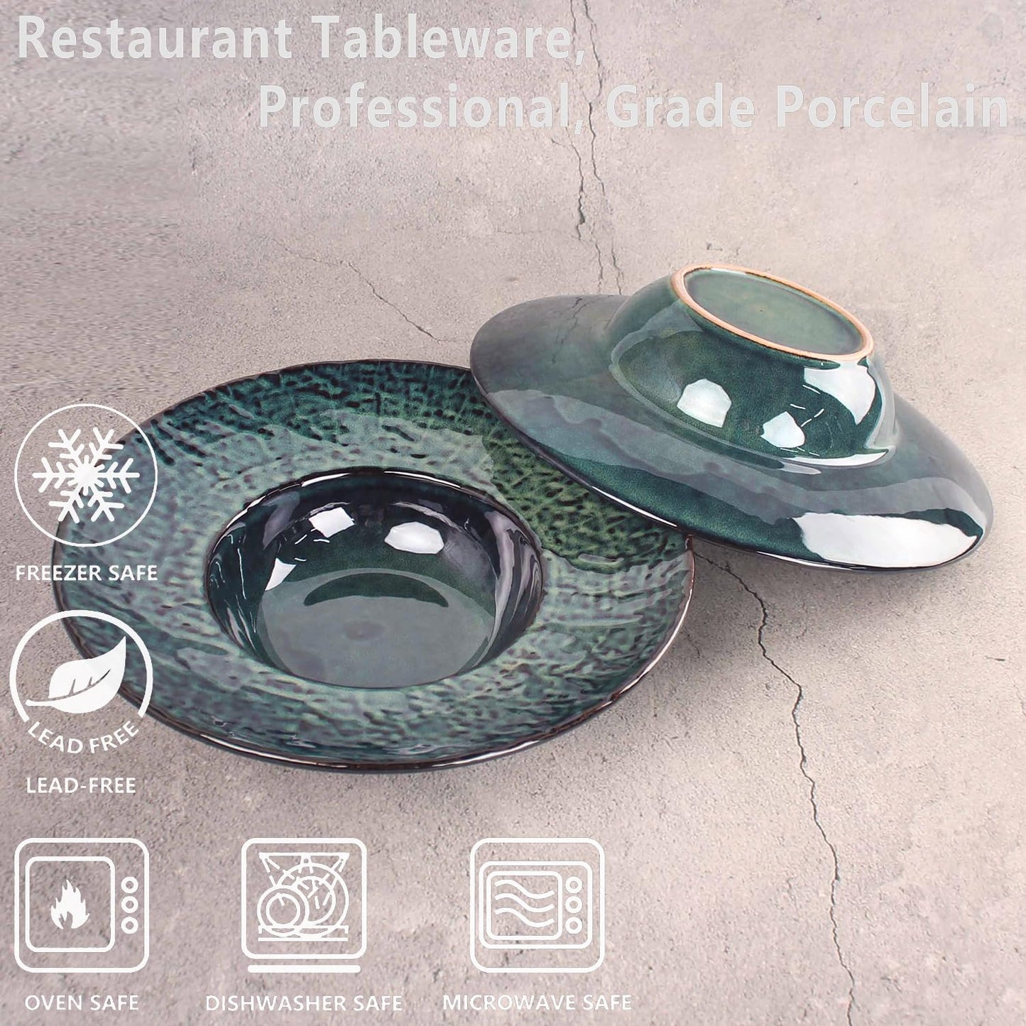 Ceramic Rimmed Soup Plate, Soup Bowl 6.4 oz, Pasta Bowl Set of 4, Shallow Bowl Plate with Rim, Best choice for high-end restaurants, hotels, and foodies, Teal reactive glaze, 9.3 Inch BST202