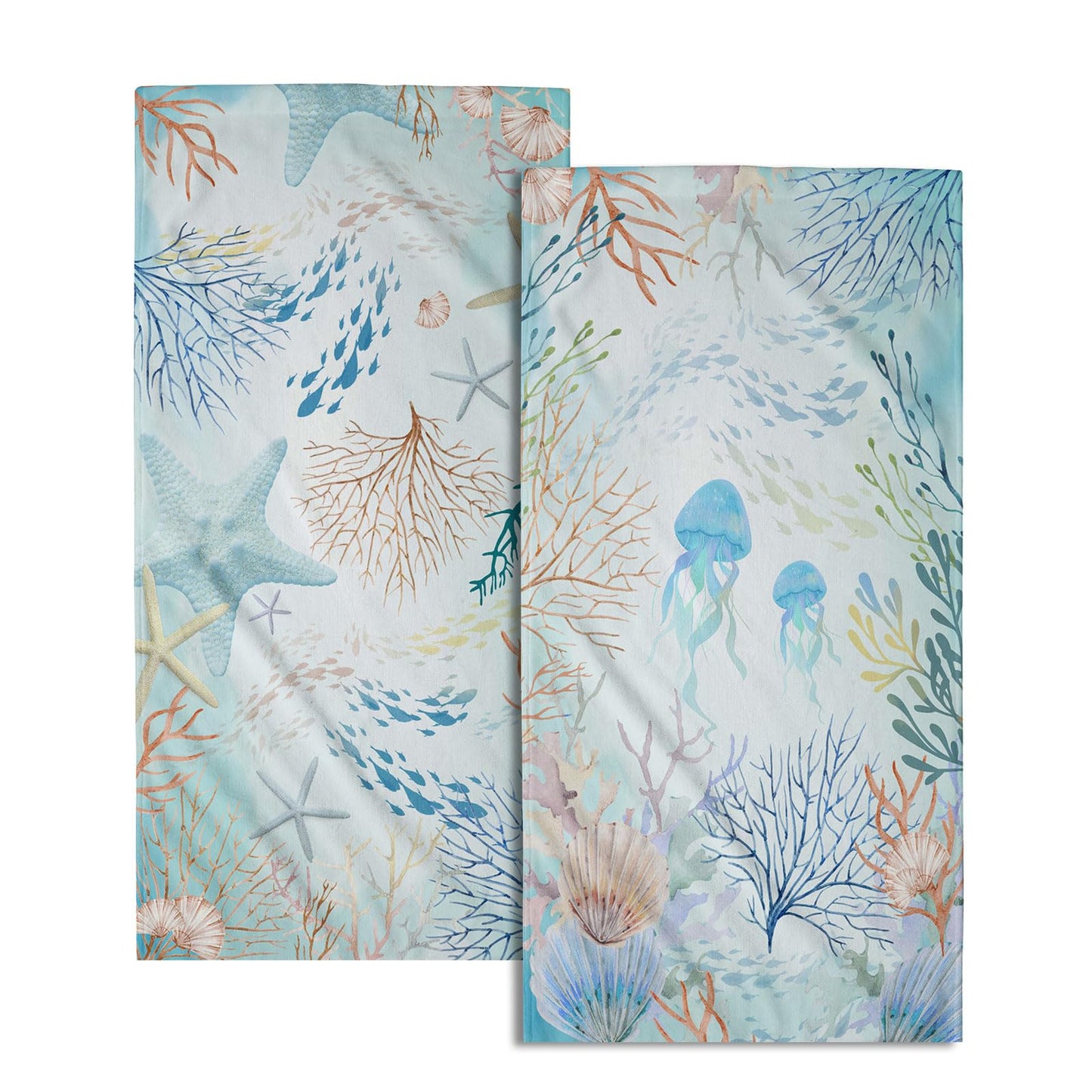 Imiss Coral Starfish Hand Towels for Bathroom，Nautical Coastal Seashell Guest Towels 14.4 x 28.3 Inch Set of 2 Soft Small Bath Towel Kitchen Dish Towels for Home Hotel Gym Spa BST220