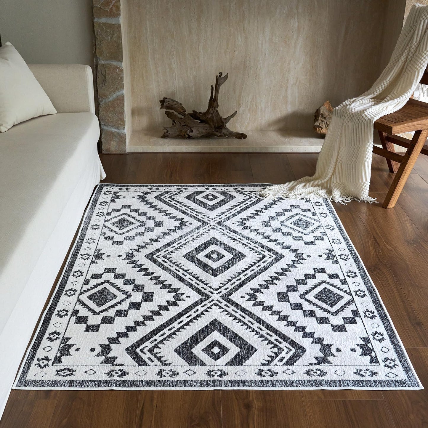 Moroccan Washable Area Rug 3x5, Geometric Tribal Decorative Woven Rug, Non-Slip Boho Farmhouse Soft Low-Pile Area Rug for Living Room Bedroom Nursery Dining Table, Dark Brown/White BST326H