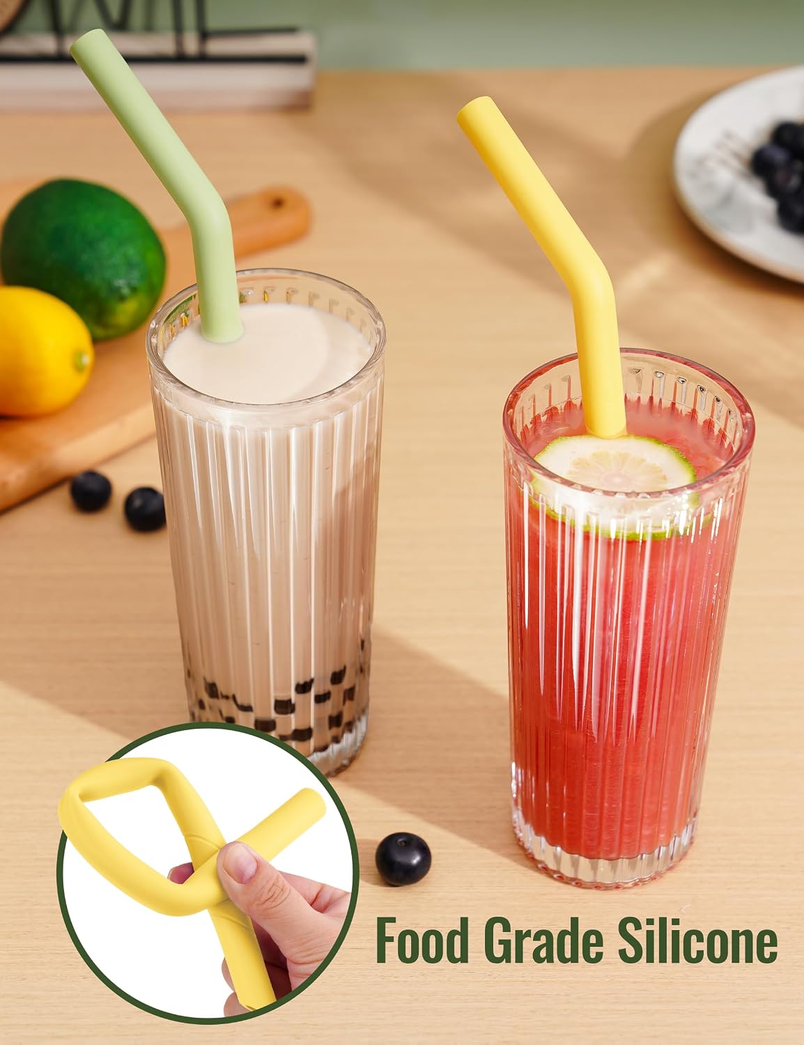 NiHome 18oz Ribbed Highball Glasses with Straws, Vintage Fluted Glasses | 2-Pack Ribbed Glasses, 18oz Large Capacity with 2 Reusable Silicone Straws, Dishwasher-Safe, for Bubble Tea, Smoothies BST326H