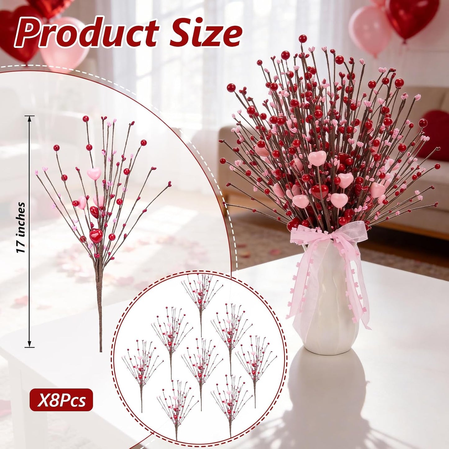 Wedding & Anniversary Decorations 8 Pcs 17 Inch Artificial Hearts Berry Stems, Romantic Wedding Floral Picks for Bridal Bouquets, Table Centerpieces & Vase Decor BST326H