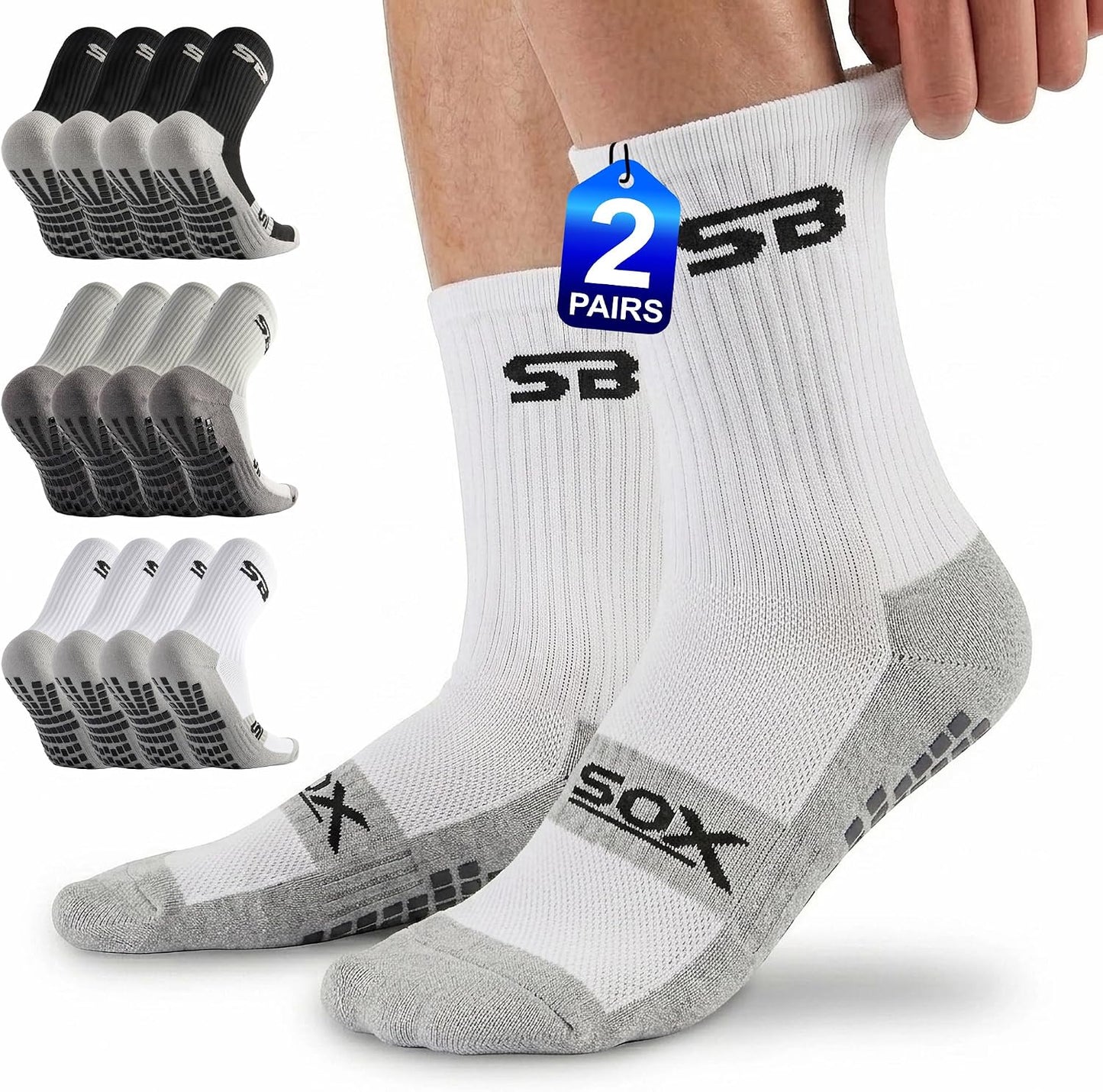 SB SOX 2-Pair Grip Socks for Men – Non Slip Athletic Traction Socks for Soccer, Gym, Pilates, Training & Everyday Wear WN420