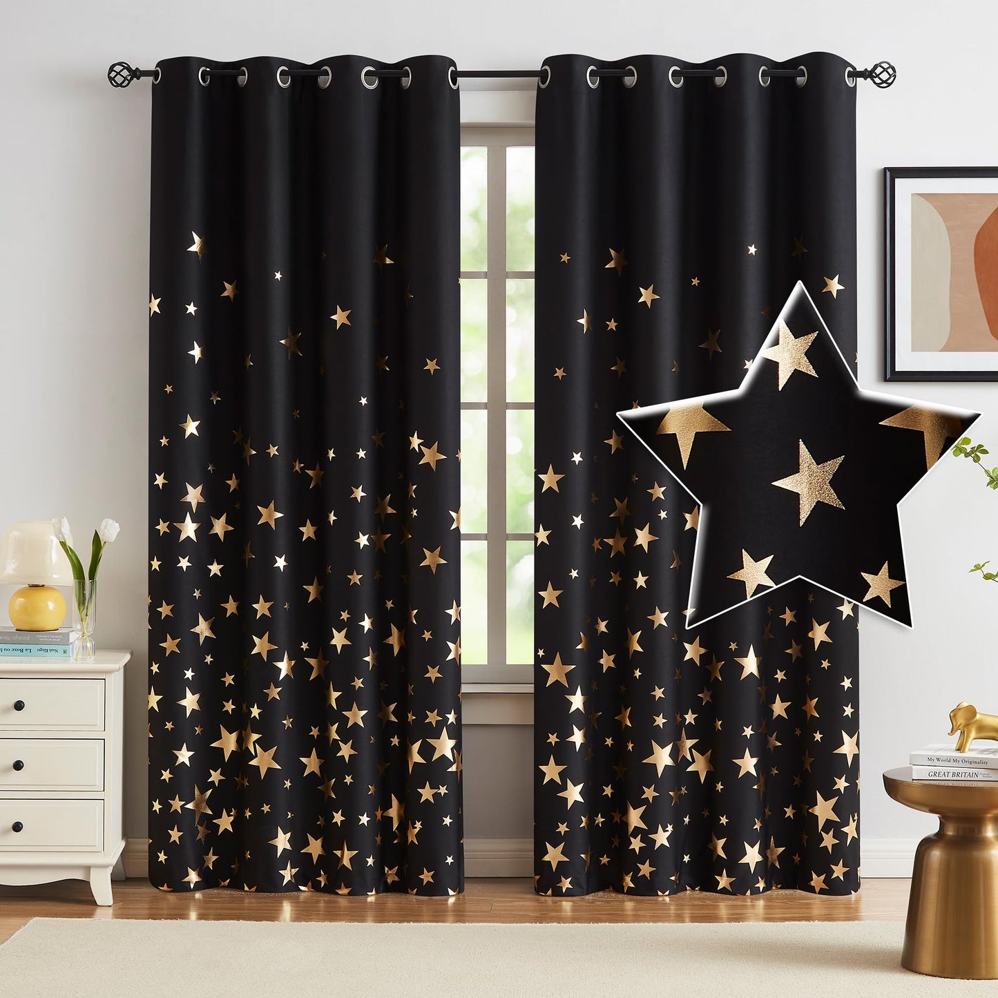 Treatmentex Gold Star Black Full Blackout Curtains for Boys Bedroom, Metallic Window Panels for Baby Nursery Room Grommet Top 2 pcs(Black Gold, 50x63in) BST202