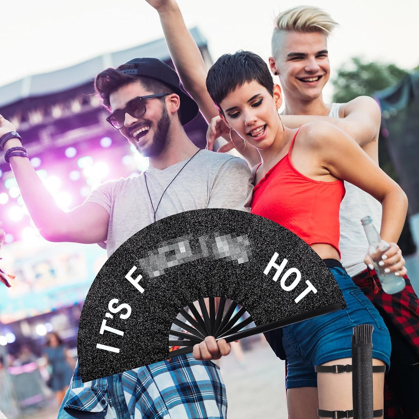FairySandy Large Rave Fan UV Glow Clack Summer Hand Fan with Thigh Holster for Women Carnival Party Supplies for Carnival Edm Music Festival Club Accessories(Cool Style,Black) WN420