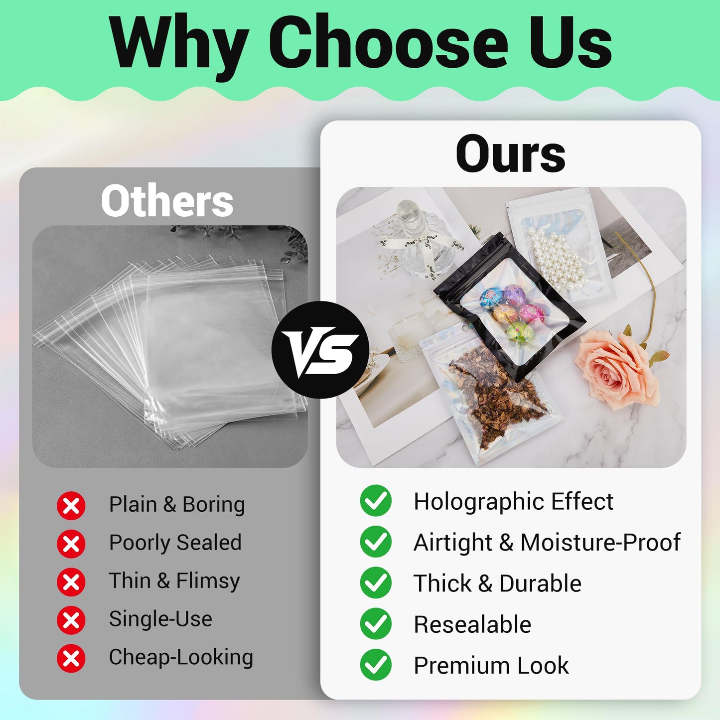 Holographic Mylar bags -100Pcs Self-Seal Resealable Zip Baggies with Clear Window, Smell Proof Laser Iridescent White 3x4.7 inch for Small Business Samples, Party favors,Snacks,Jewelry BST326L