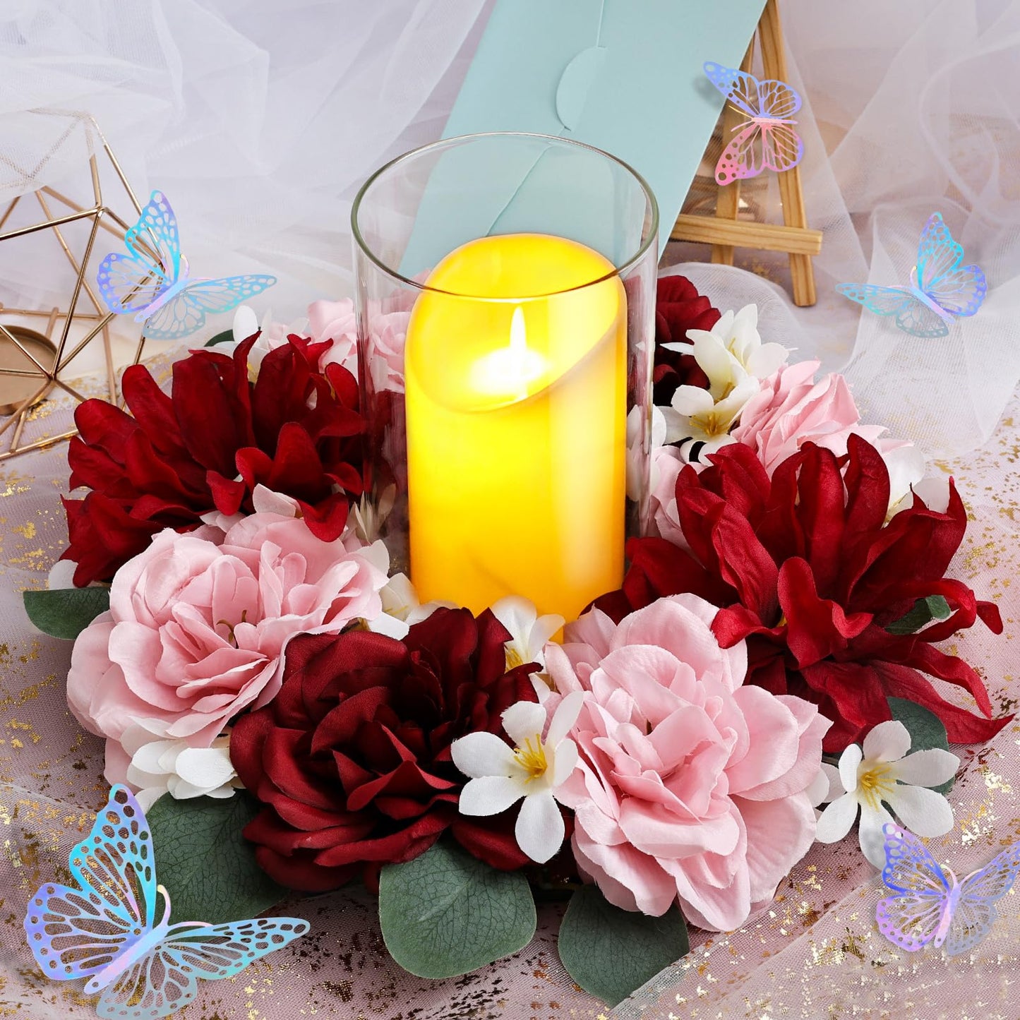 Artificial Flower Candle Rings - 6 Inch Inner Rose Floral Wreaths for Wedding Bridal Event Table Centerpieces Backdrop Decorations (Dusty Pink & White, 6 X Candle Rings) WN420
