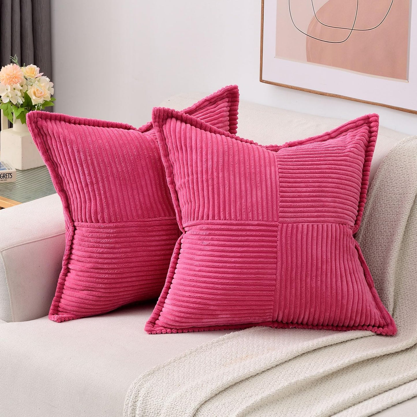 HAUSSY Pack of 2 Corduroy Throw Pillow Covers26x26 Inch, Rust | Decorative Striped Soft Boho Farmhouse Pillowcases, Machine Washable, Couch Bed Sofa Living Room Home Decor, No Insert BST202