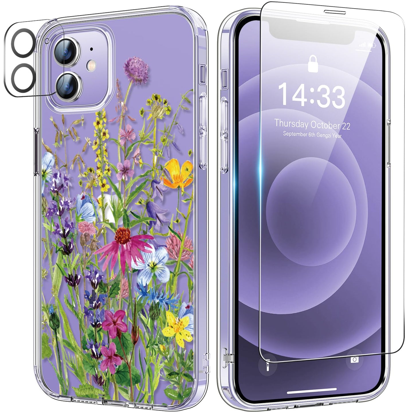 bicol for iPhone 12 Pro Max Case with Screen Protector and Camera Lens Protector - Fashionable Flower Floral Designs for Women Girls - Shockproof Acrylic Clear Phone Cover 6.7" - Blooming Flowers WN420
