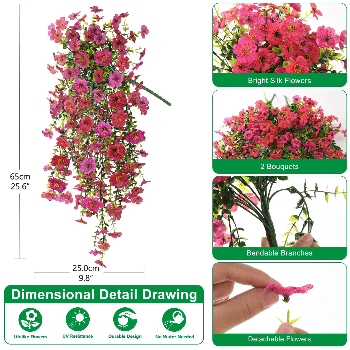 Artificial Hanging Flowers for Outdoor, 2PCS Fake Flowers Faux Silk Daisy with Eucalyptus Leaves, UV Resistant Aritificial Flowers for Spring Home Patio Yard Porch Decor (Light Purple Red) BST202