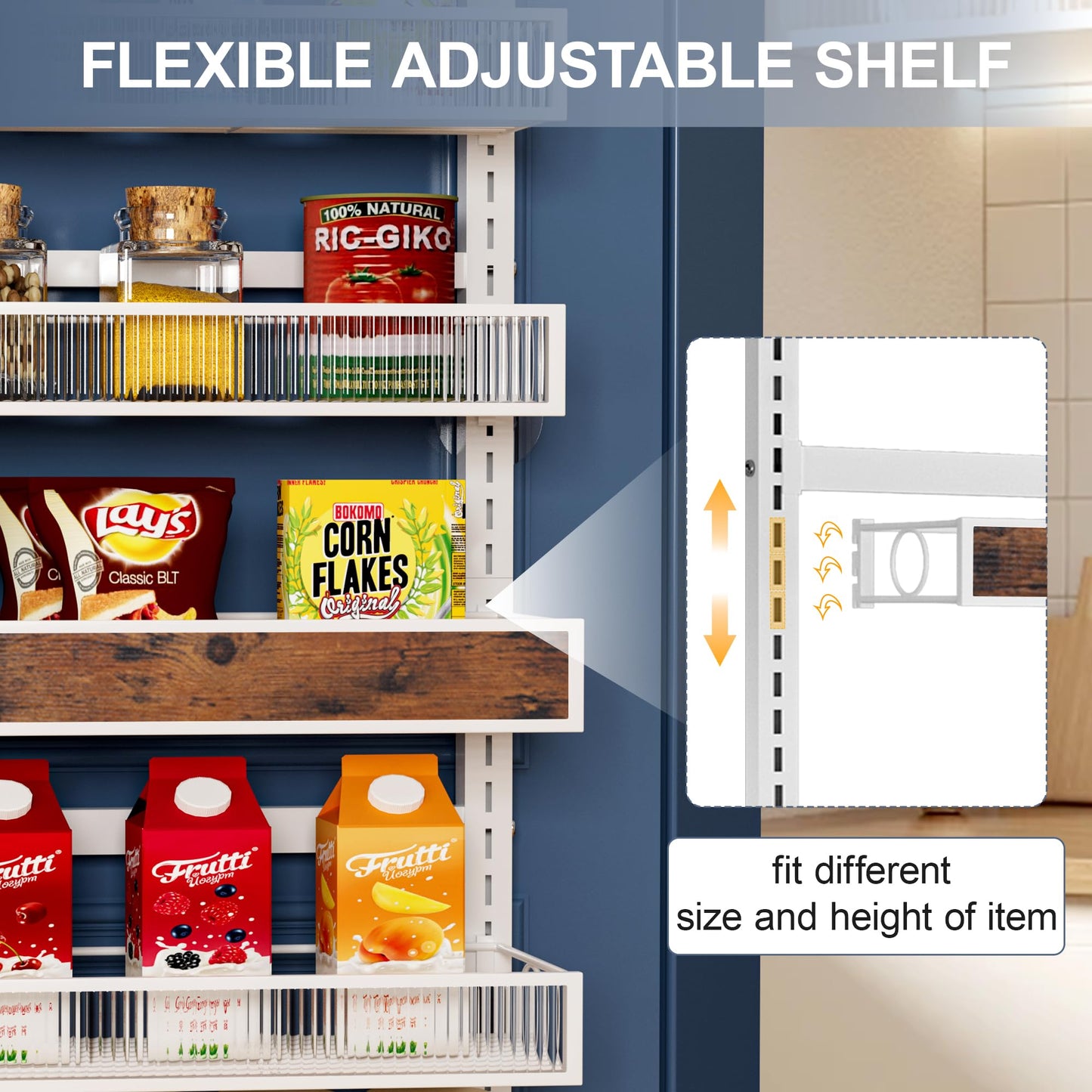 6 Tier Pantry Door Organizer Spice Rack, 2-IN-1 Wall Mount or Hanging Over Door Seasoning Organizer with Adjustable Baskets, Heavy Duty Behind Door Storage Shelves for Pantry, Cabinet and Kitchen BST220