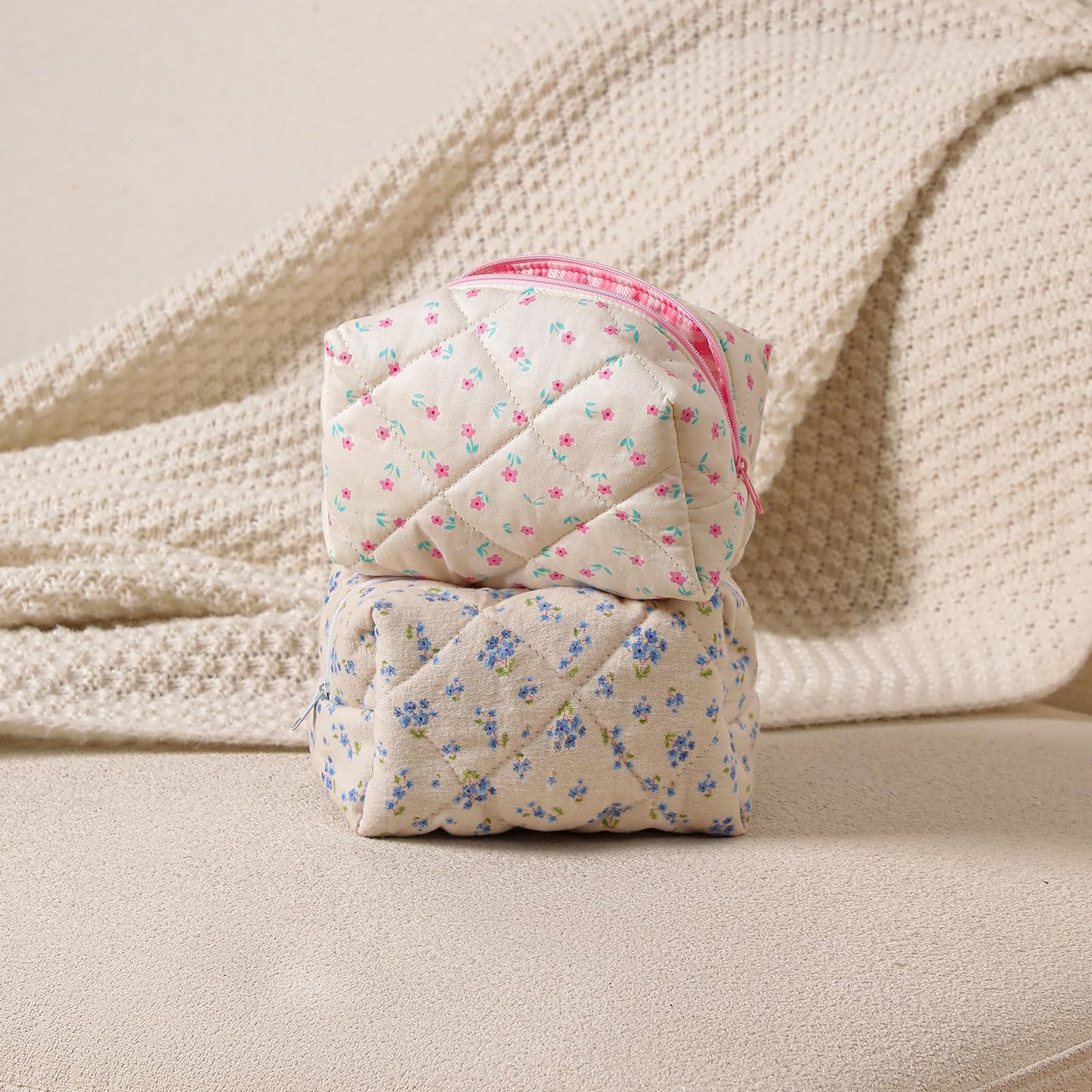 Cute Small Floral Cotton Makeup Bag, Quilted Zipper Pouch with Coquette Bear for Women and Girls, Kawaii Travel Cosmetic Bags for Purse(07Yellow and Pink Flower) BST220