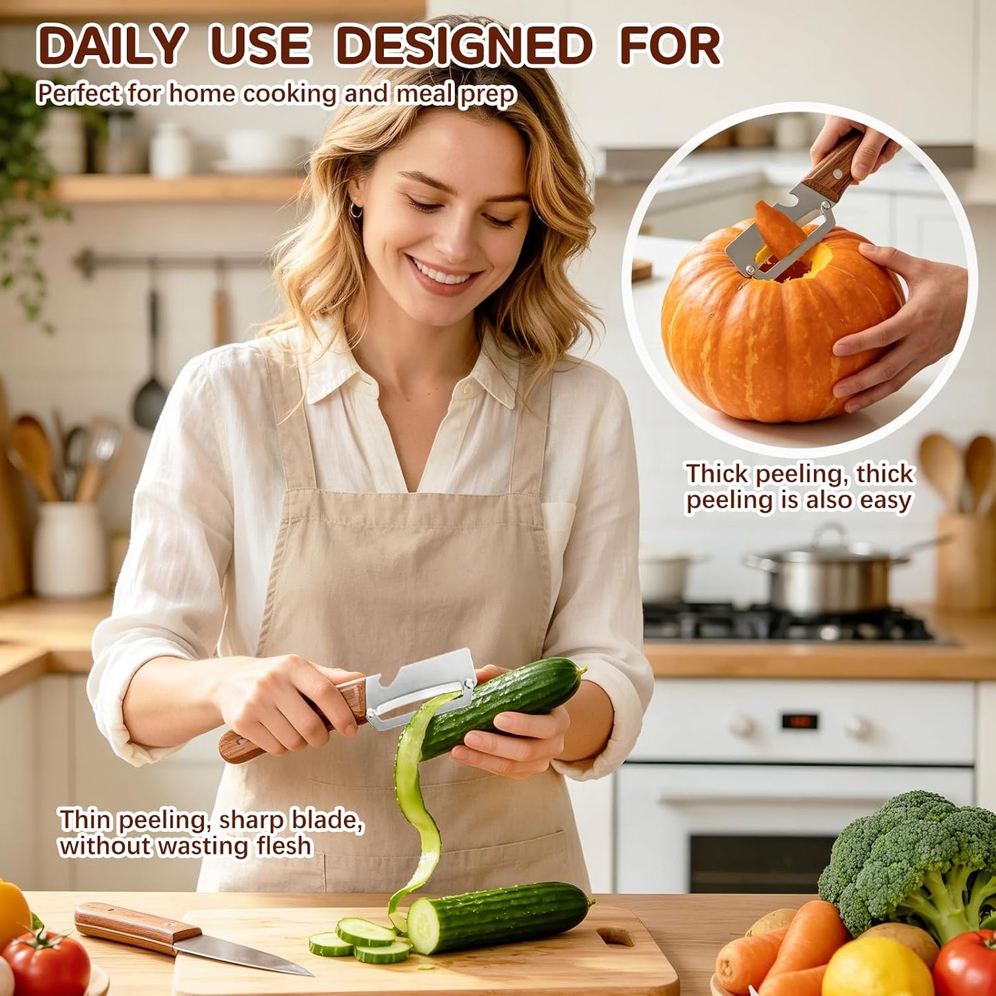 Left & Right Hand Vegetable Peeler Set with Bottle Opener, Thickened Stainless Steel Wide Blade for Smooth Peeling, Wooden Handle Kitchen Peeler for Fruits & Vegetables BST326L