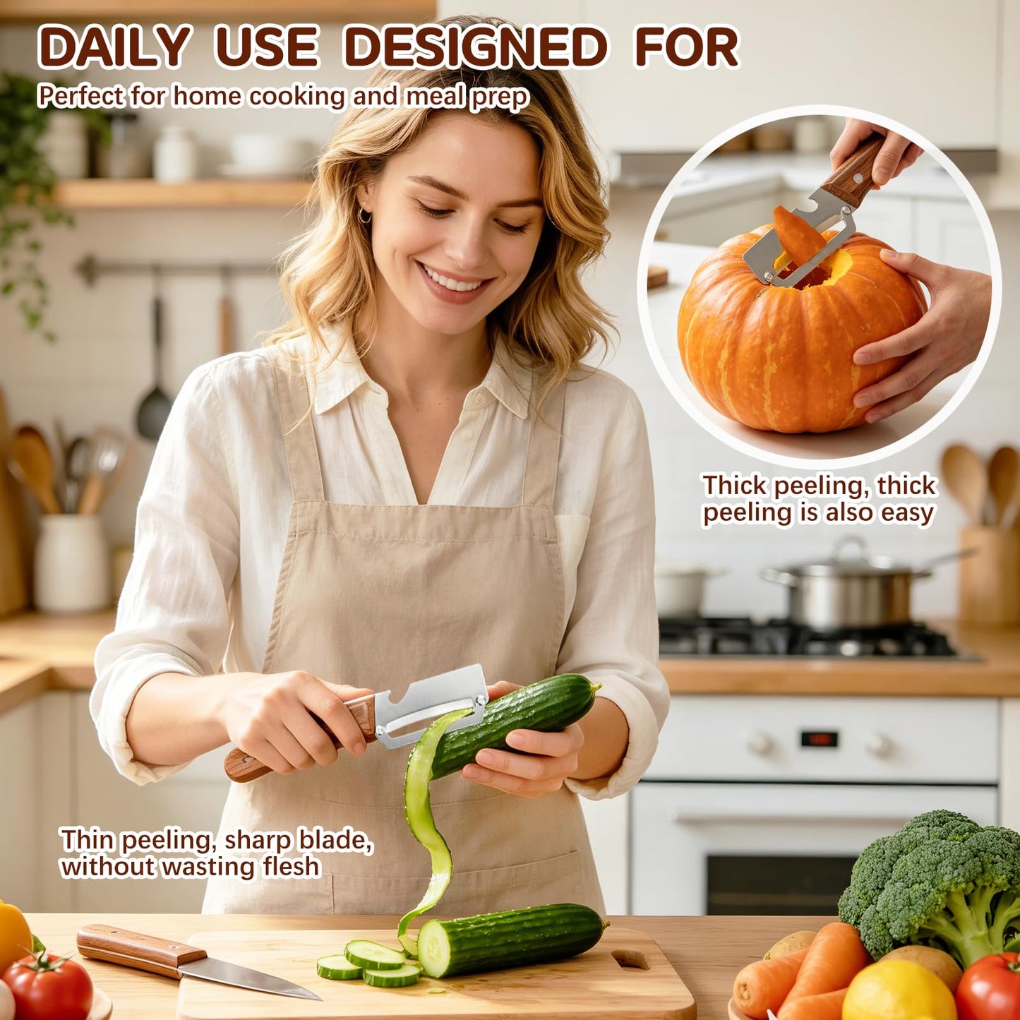 Left & Right Hand Vegetable Peeler Set with Bottle Opener, Thickened Stainless Steel Wide Blade for Smooth Peeling, Wooden Handle Kitchen Peeler for Fruits & Vegetables BST326L