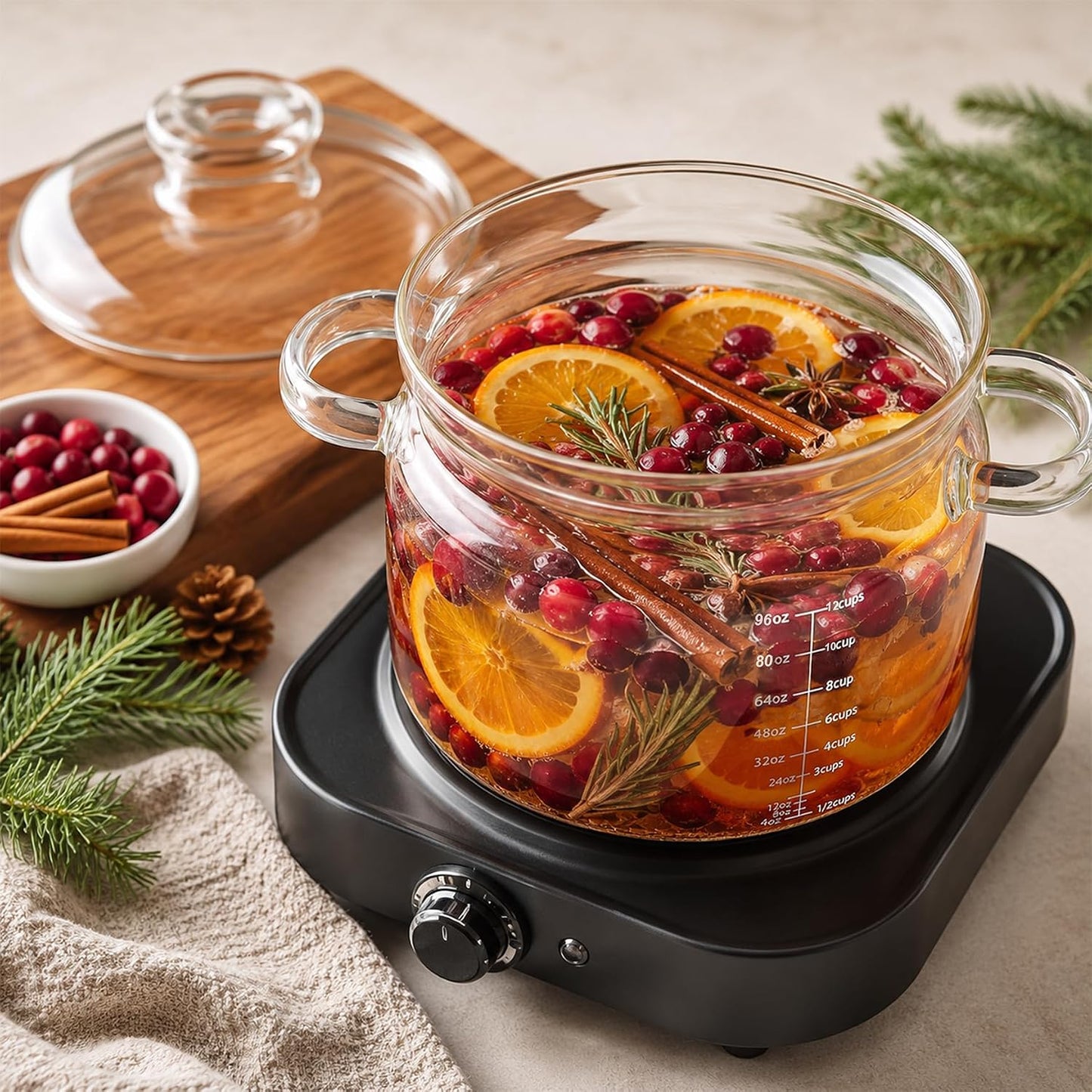 3.2 QT Glass Simmer Pot with Lid and Measuring Marks for Stovetop | 5 mm Borosilicate Glass, 96 oz Measuring Marks, Gas, Electric & Ceramic Cooktops, Microwave, Oven & Dishwasher Safe DD1210