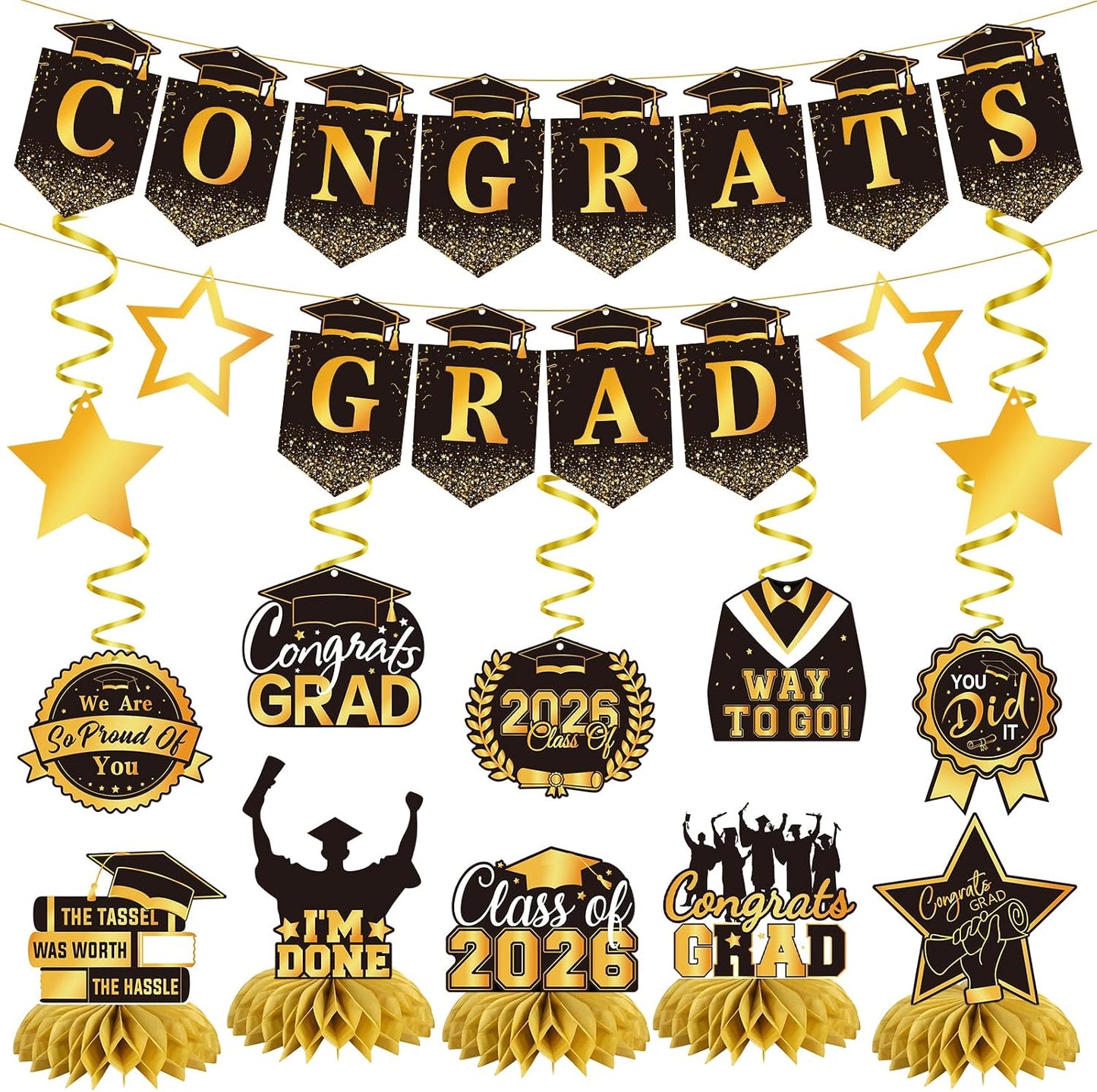 Graduation Decorations 2026, Class of 2026 Graduation Party Decorations Set, Congrats Grad Banner, Hanging Swirls & Table Centerpiece Decorations, Black and Gold Graduation Decor for Home School Party BST326L