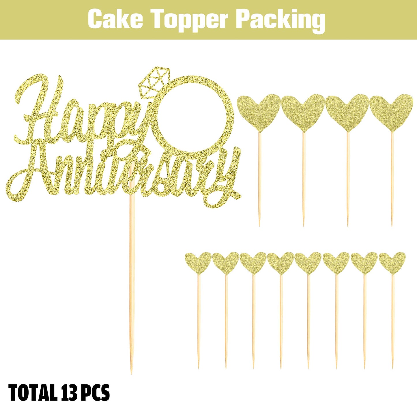 Sumerk 13 PCS Gold Glitter 55th Anniversary Cake Topper Happy 55th Anniversary Wedding Anniversary Cake Decorations BST220