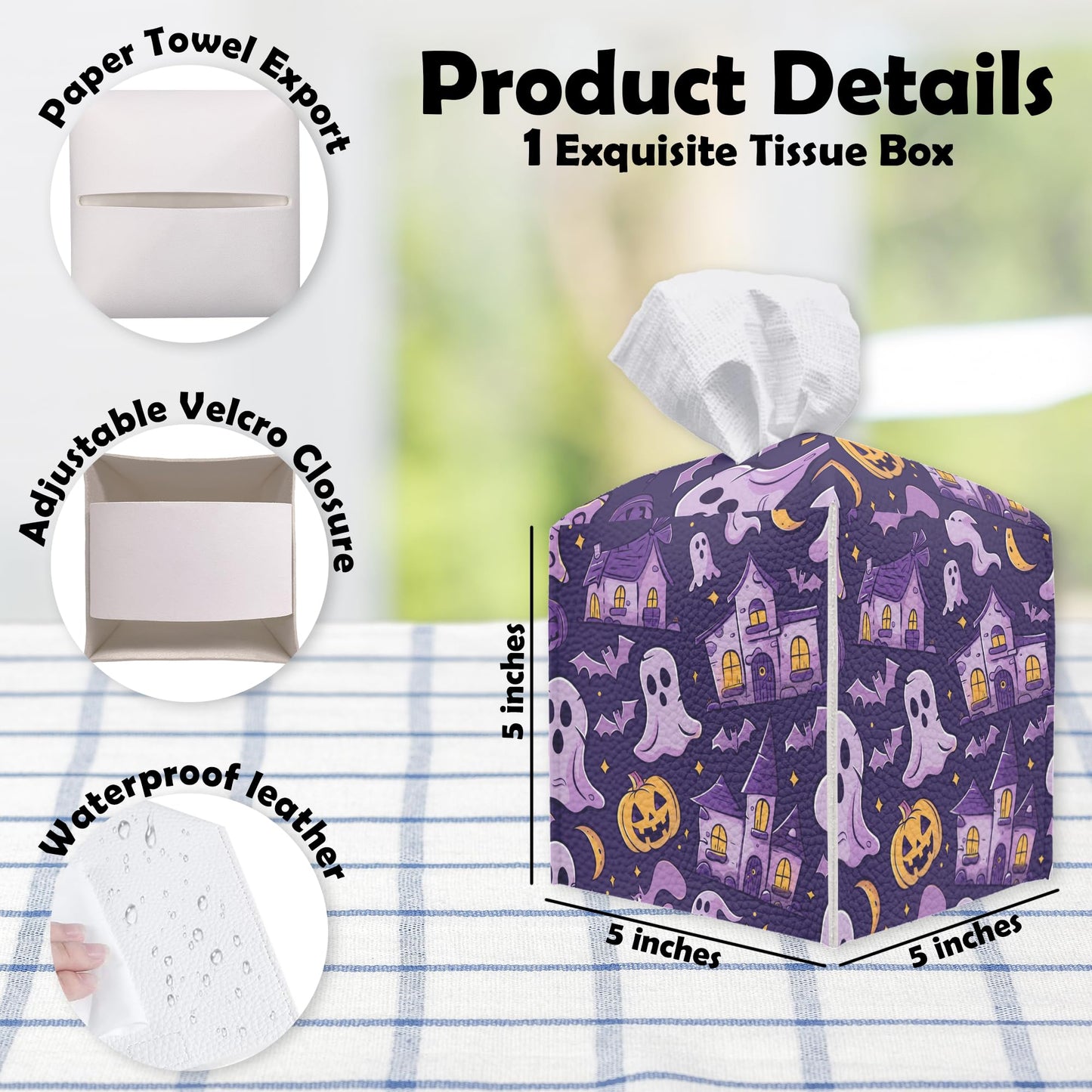 Spooky Tissue Box Cover Square - Ghosts & Bats Tissue Box Holder - Halloween Pumpkin Facial Paper Organizer Dispenser for Home Car Bathroom Office Bedroom Desk Tabletop Supplies & Decor - A11 BST220