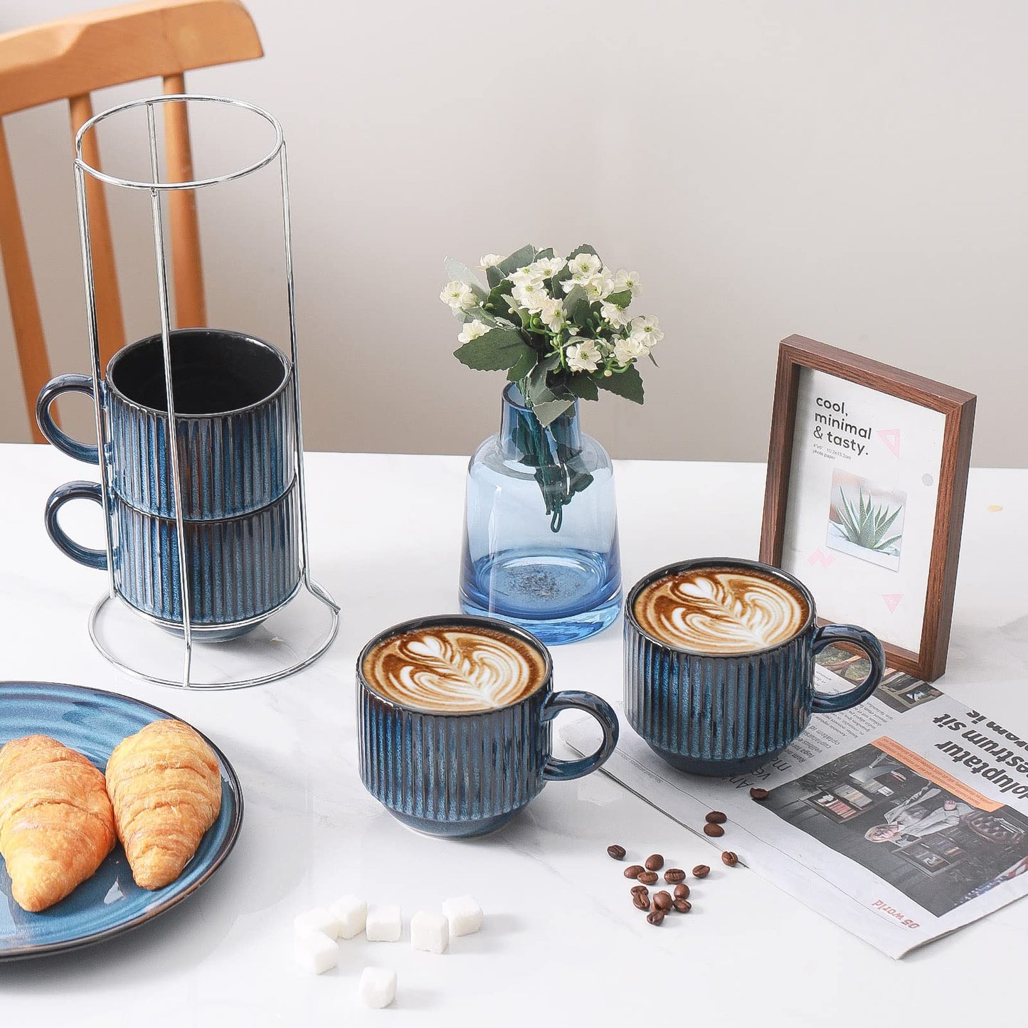 HASENSE 15 oz Ribbed Stackable Coffee Mug Set of 4, Porcelain Latte Cups with Metal Rack, Dishwasher & Microwave Safe, Cappuccino Tea Hot Cocoa, White BST220