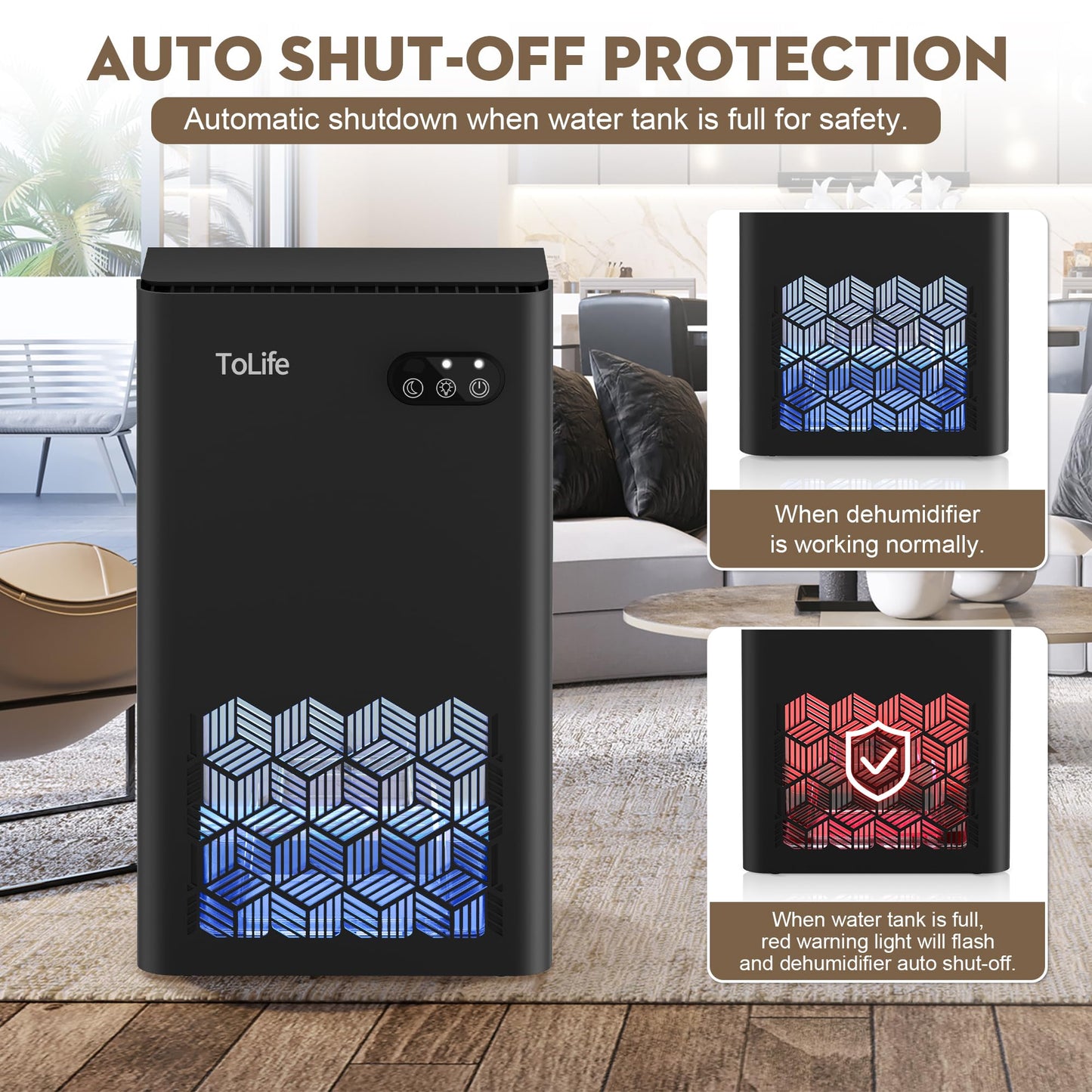 ToLife Dehumidifier for Home, 1000 sq.ft Dehumidifiers for Basement Bedroom Bathroom with 95 OZ Water Tank, Auto Shut Off 7 Colors LED Light, Black