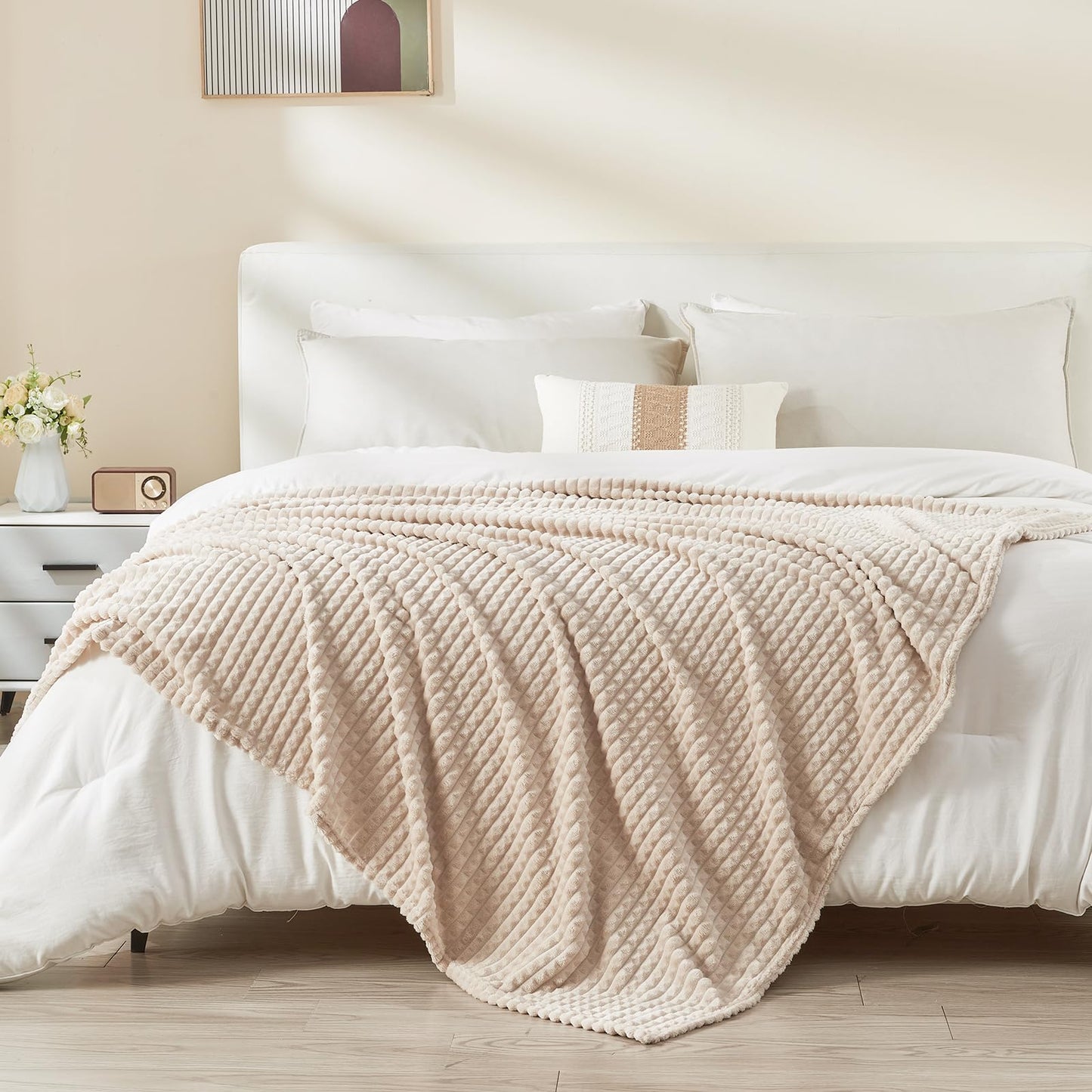 EMME Fleece Blanket, 3D Jacquard Throw Blanket for Couch and Bed, Soft Cozy and Fluffy Blankets Lightweight Luxury Flannel with Waffle Design (Navy Blue, 50" x 60") BST202