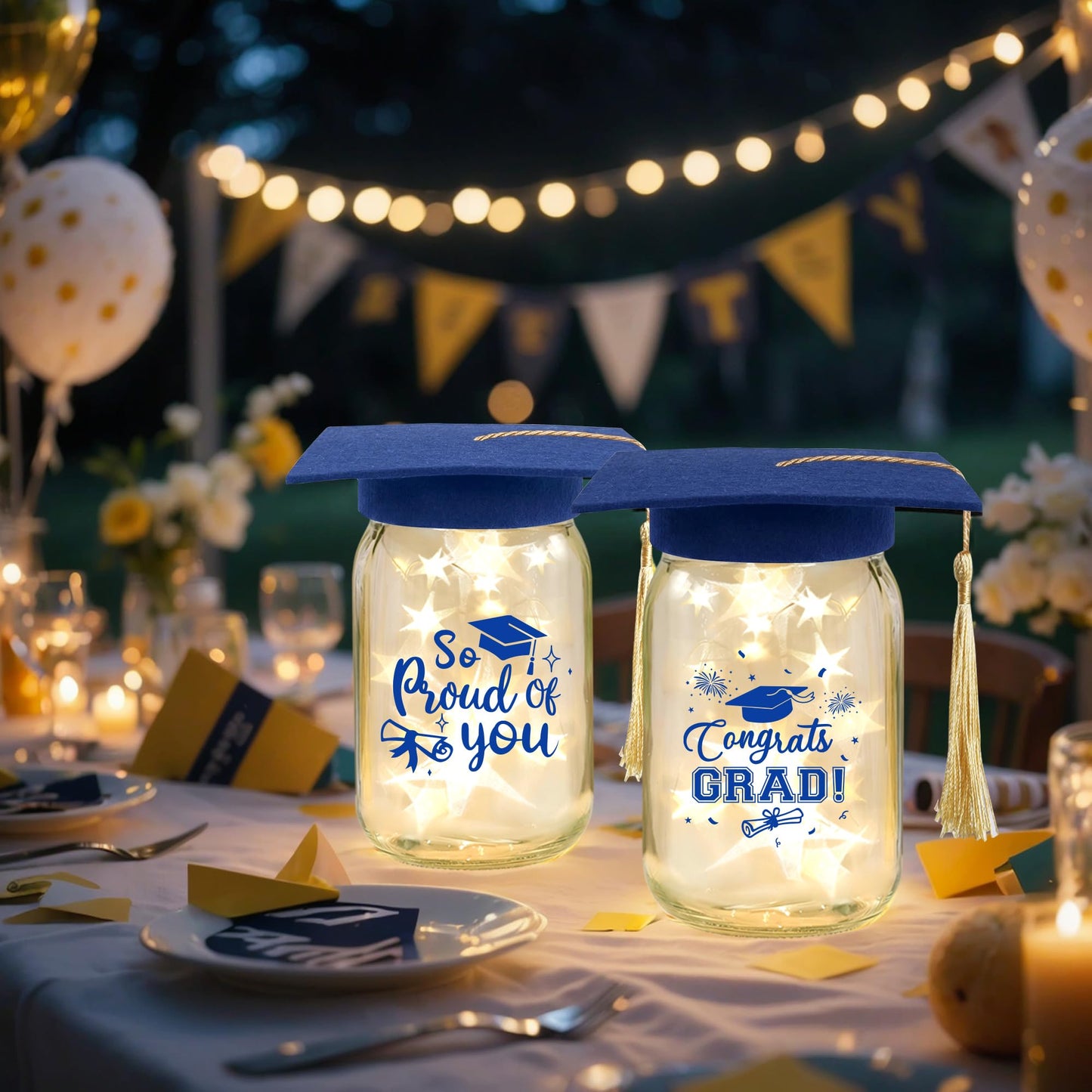 3 Sets 2026 Graduation Centerpieces for Tables, Glowing Mason Jar Centerpieces with Graduation Caps, Glowing Money Jars for College High School Congrats Grad Party Decor Supplies WN420