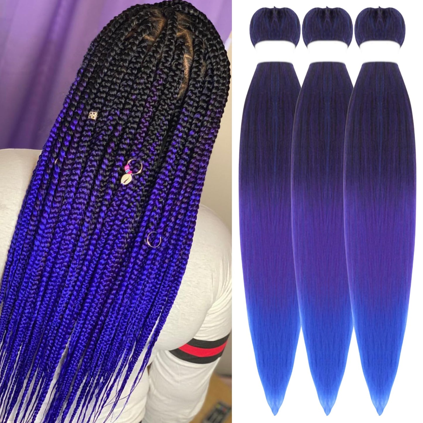 Purple Braiding Hair Pre stretched Knotless 26 inch | Hypoallergenic Synthetic Purple Prestretched Ez Braid Knotless Itch Free Soft Yaki Texture Hot Water Setting WN420