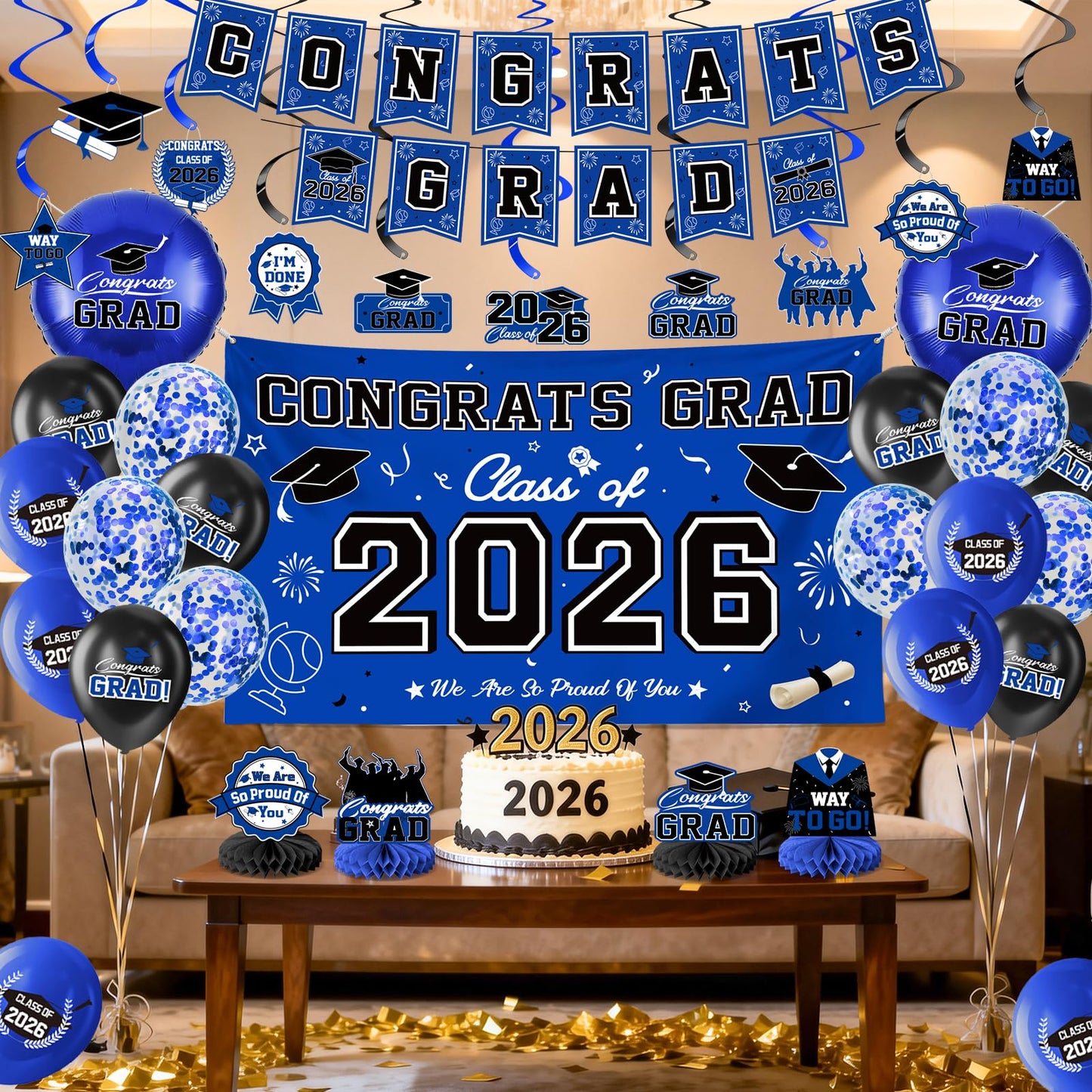 Graduation Decorations 2026-Black and Gold Graduation Party Decorations Supplies Class of 2026 with Graduation Banner, Backdrop, Balloons, Centerpieces, Hanging Swirl for Grad Party BST326H