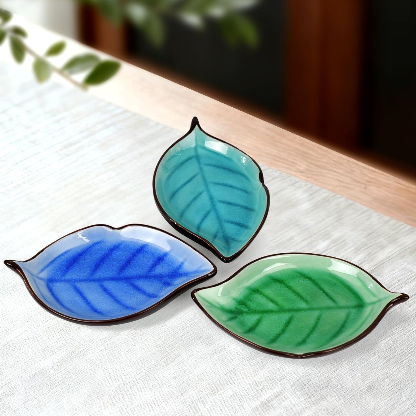 Incense Holder for Sticks (9 Holes) and Cones, Handmade Ceramic Incense Ash Catcher for Meditation, Yoga, SPA Days, Relaxing, Home Decor, Candle Holder, Easy to Clean, Leaf-Shape (Blue) BST220
