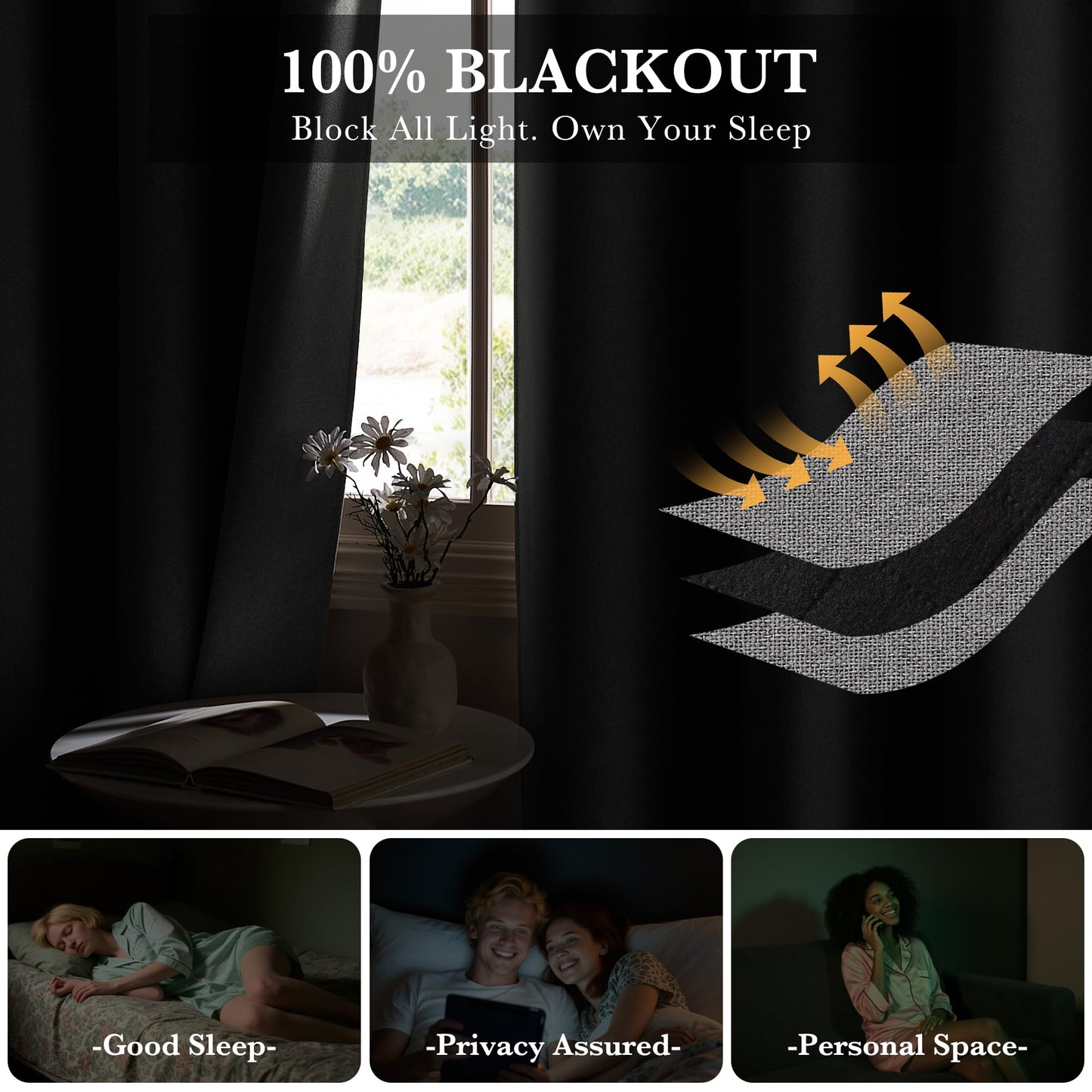 RYB HOME 100% Blackout Curtain for Sliding Glass Doors, Extra Wide Thermal Insulated Privacy Linen Curtains for Bedroom/Patio Door/Living Room/Open Closet, Room Divider, Black, W100xL108, 1 Panel BST220