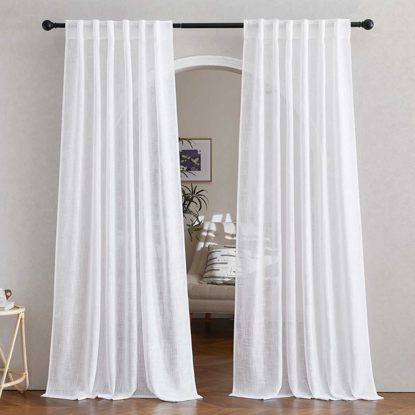 NICETOWN White Semi Sheer Kitchen Curtains 30 inch Length, Rod Pocket & Back Tab Faux Linen Blend Privacy with Light Filtering Window Drapes for Cafe, W34 x L30, 2 Panels BST220