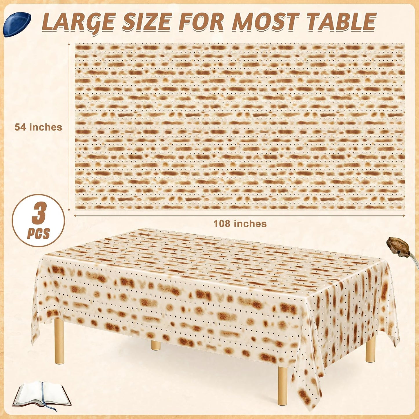 3 Pack Passover Decorations, 108" X 54" Passover Matzah Tablecloth, Disposable Plastic Seder Party Supplies, Rectangle Pesach Matzo Table Covers for Festival Holiday Party Home Dining Table Decor BST202