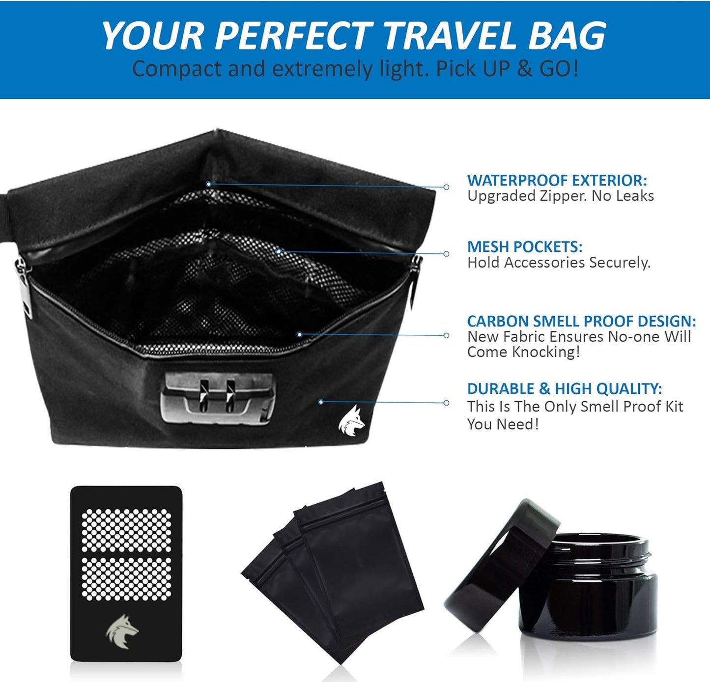 Upgraded Smell Proof Bag | 6 Piece Durable Waterproof Container Includes A Combination Lock, 3 Smell Proof Bags, Custom Grinder and A 50 Gram UV Blocking Herb Glass Container | 11x7.5x2.5 (Black)