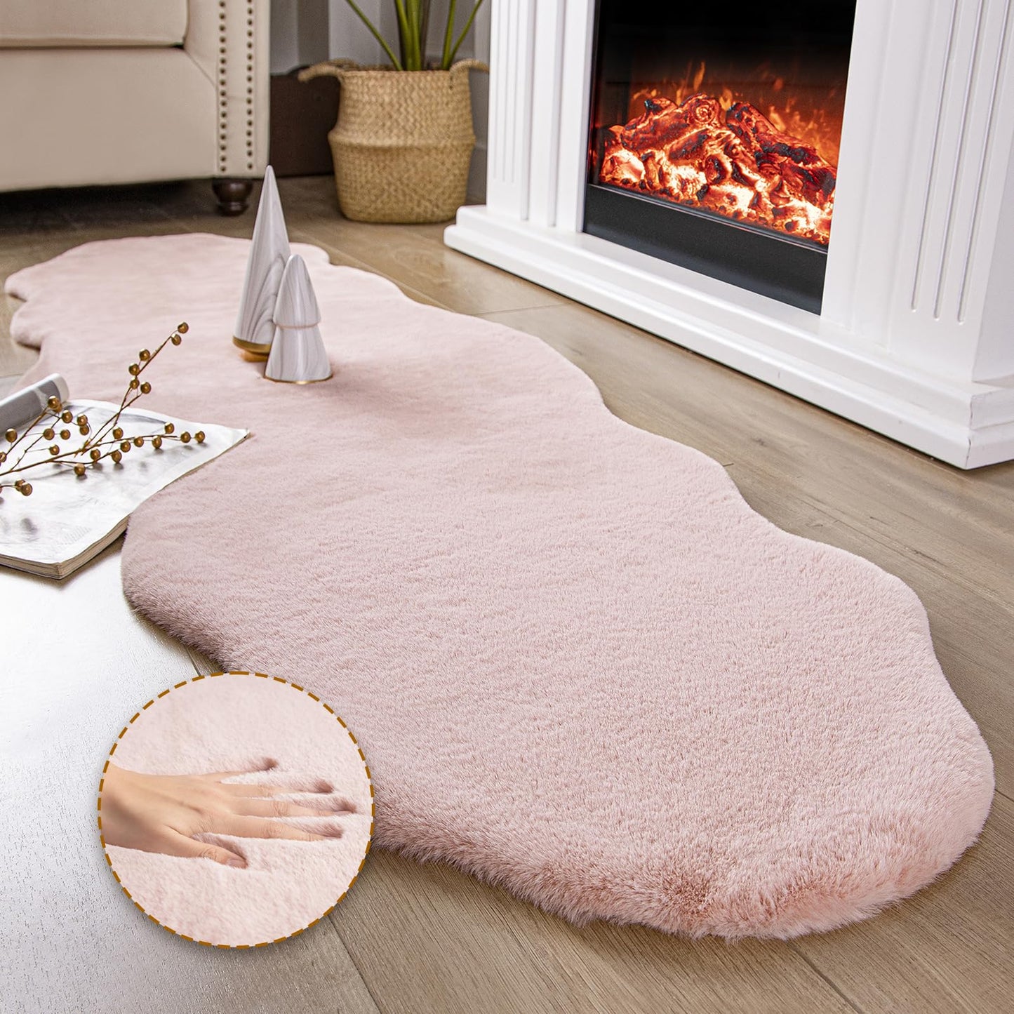 Ashler Faux Fur Rug, Ultra Soft Faux Rabbit Fur, Beige Area Rugs, 3 x 3 Feet Round, Machine Washable Nursery Decor Throw Rugs for Bedroom, Kids Room, Living Room BST326H