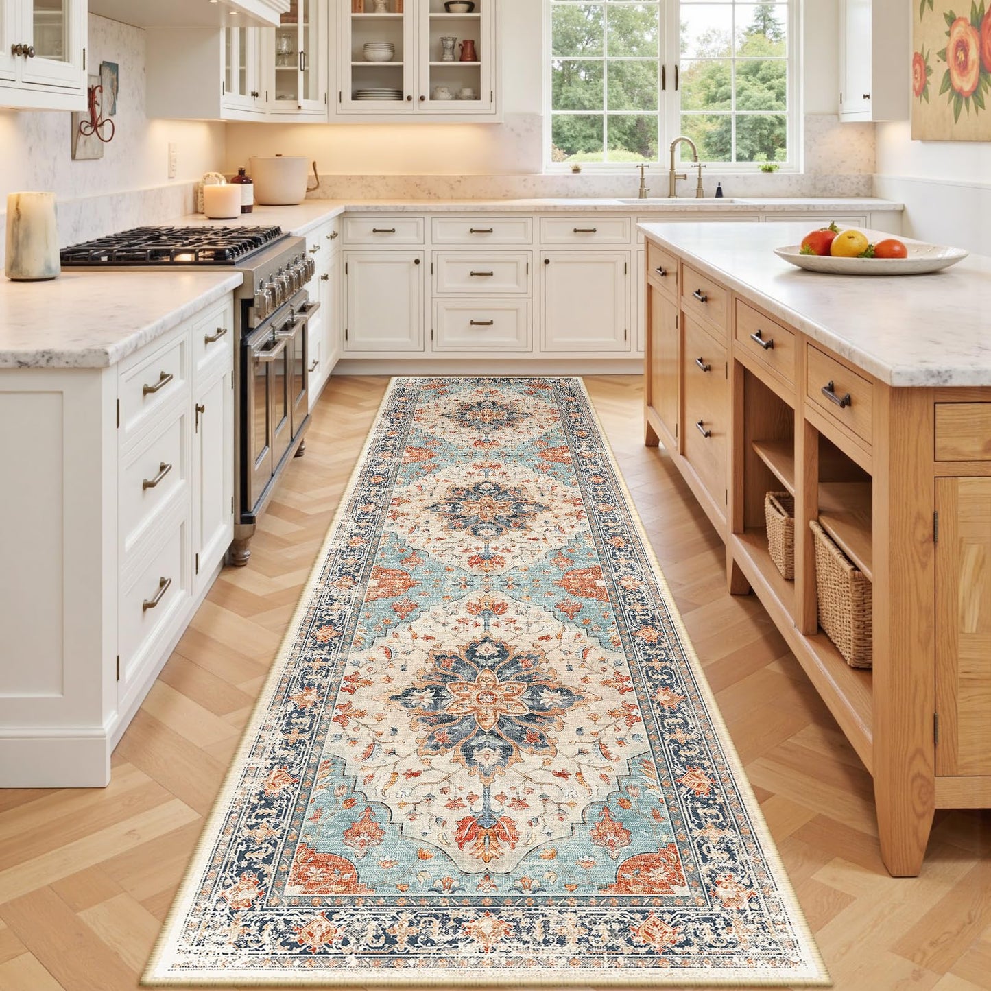 RELEANY Area Rugs Runner 2'x6' Washable Non-Slip, Floral Vintage Distress Medallion Carpet for Kitchen Hallway Bedroom Beside Laundry Room Bathroom, Teal Green Lake Blue Turquoise DD1210