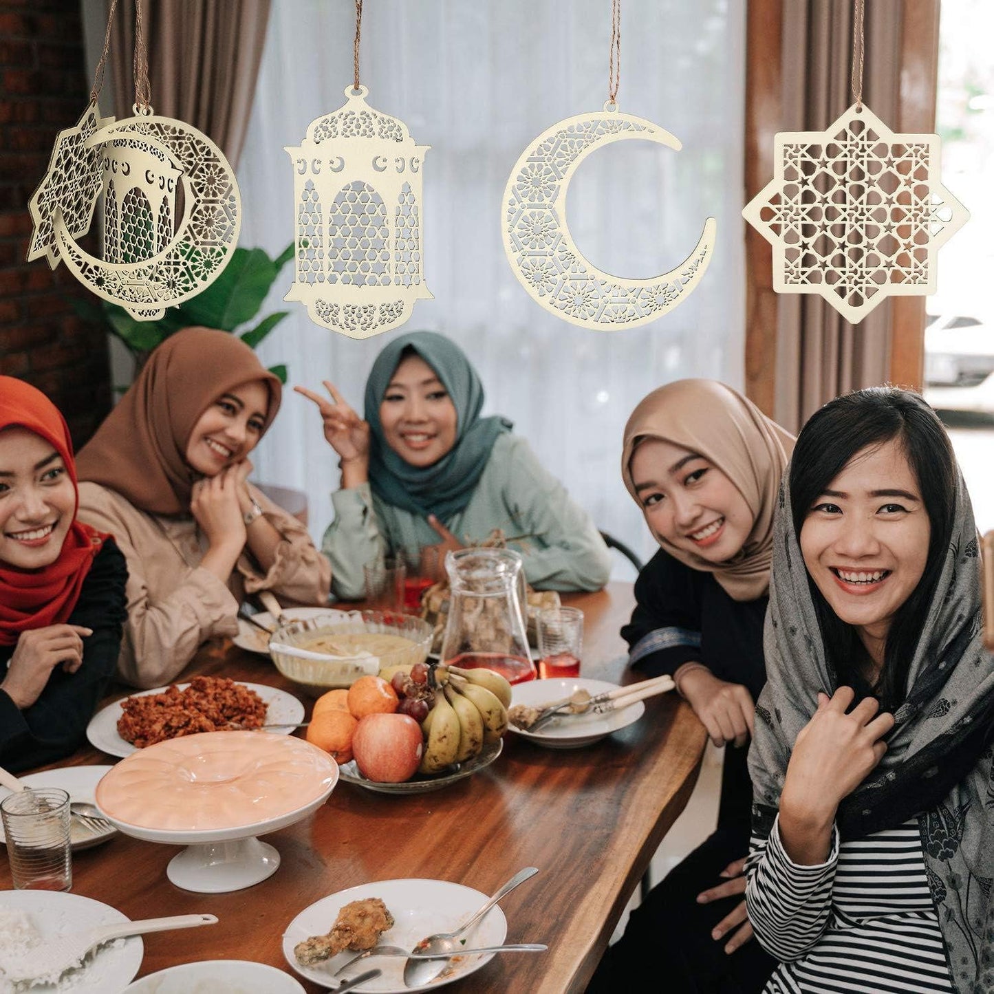 6Pcs Ramadan Decorations Wooden Ornaments Pendant Decoration | Moon Lantern Star Shape Mubarak Eid Hanging Ornament for Ramadan Mubarak Eid Decorations BST202