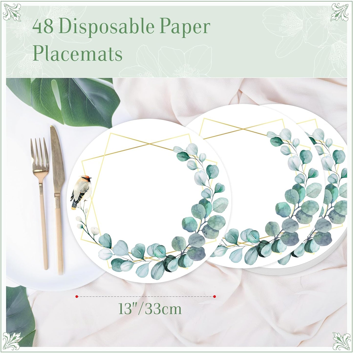 48 PCS Paper Placemats, Disposable Round Table Mats Greenery Eucalyptus Leaves Design Tableware Decoration for Birthday, Banquet, Wedding, Baby Shower Party, Home Dining BST220