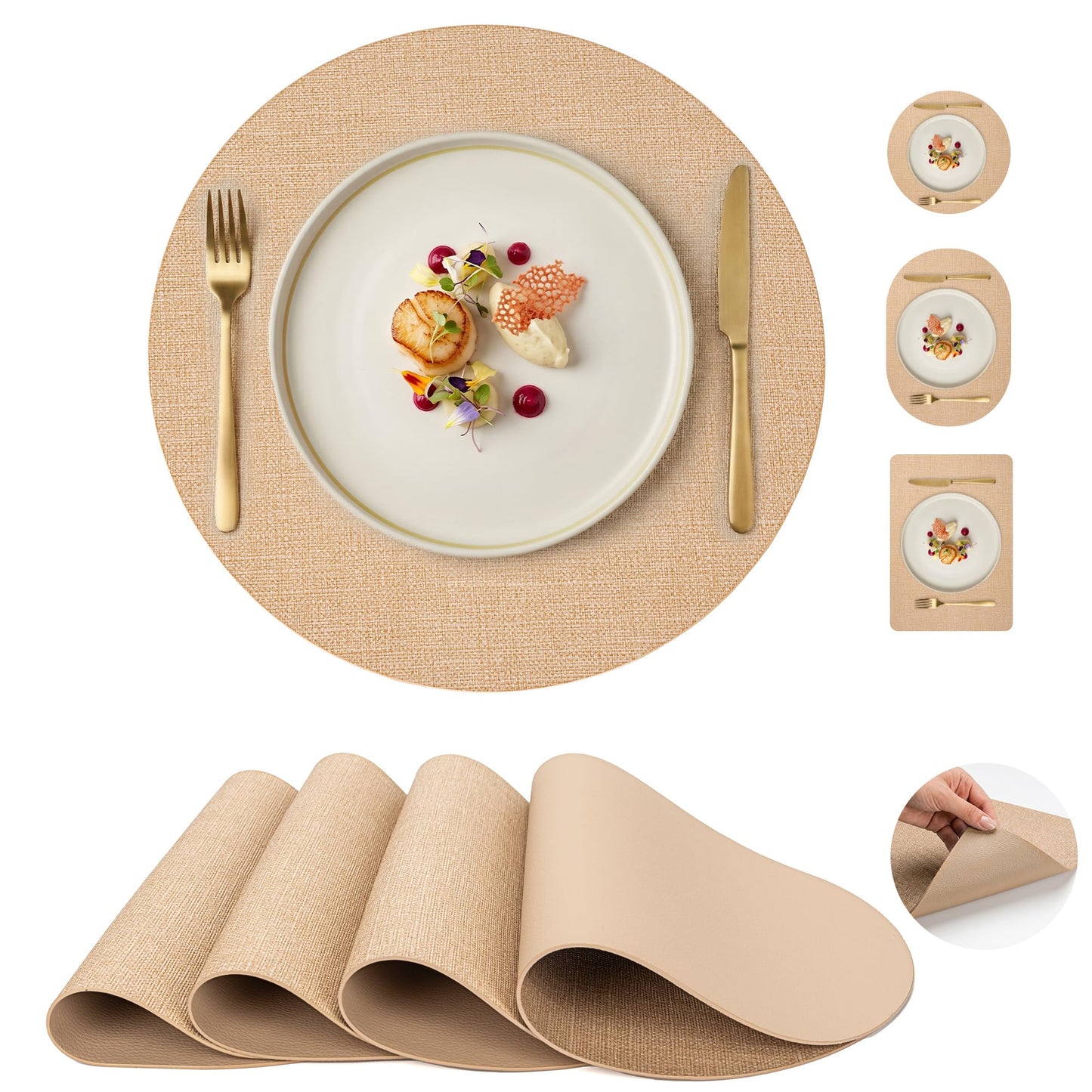 Faux Leather Placemats Set of 6, Wipeable Waterproof Stain Resistant Table Mats, Heat Resistant Thick Placemats with Hand-Painted Edges for Kitchen Dining, Imitative Linen Texture, Various Shapes BST326H