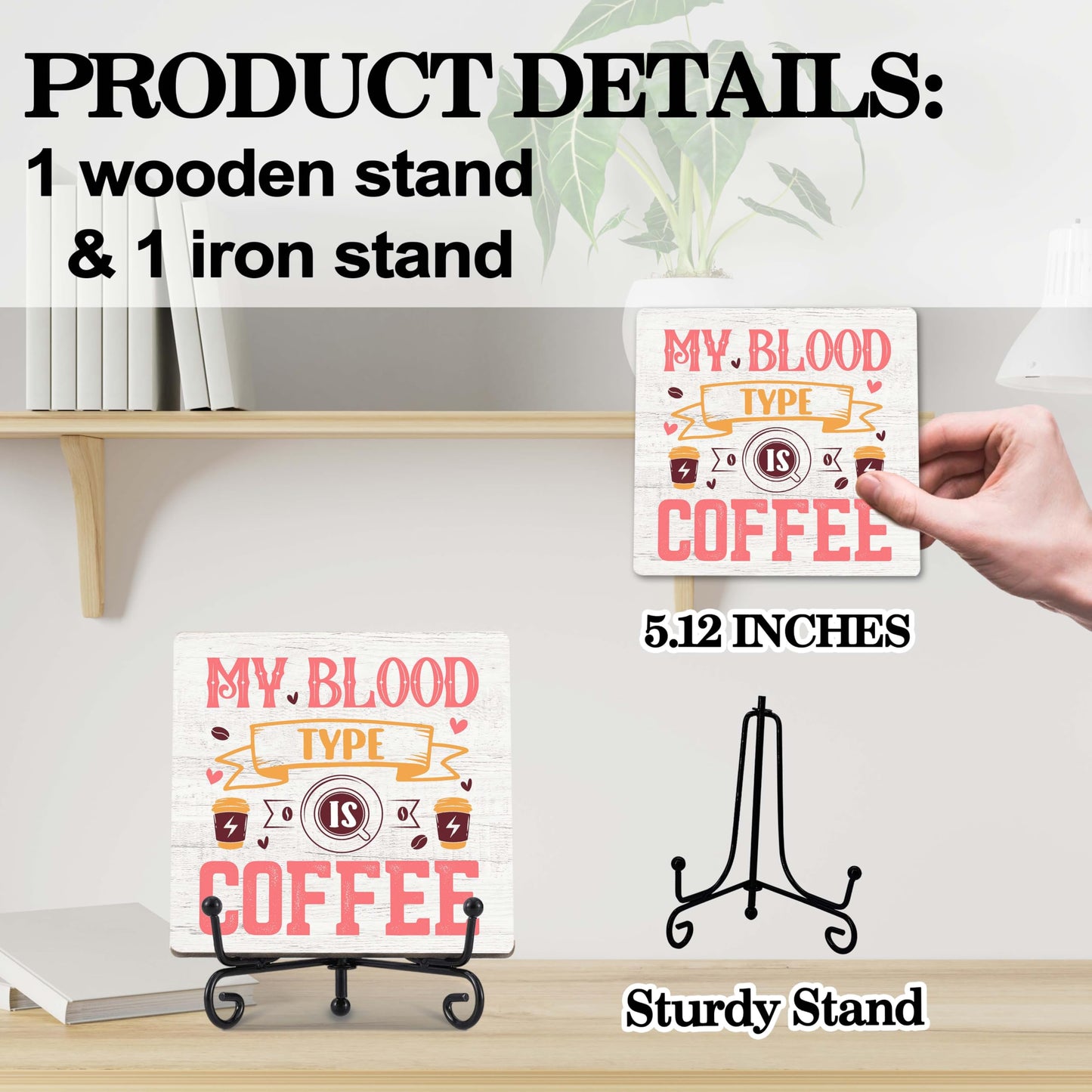 Coffee Bar Decor, Farmhouse Kitchen Table Decor, Coffee Station Accessories, Wooden Decorative Sign with Iron Stand for Table Desk Shelf Display-E21 BST220