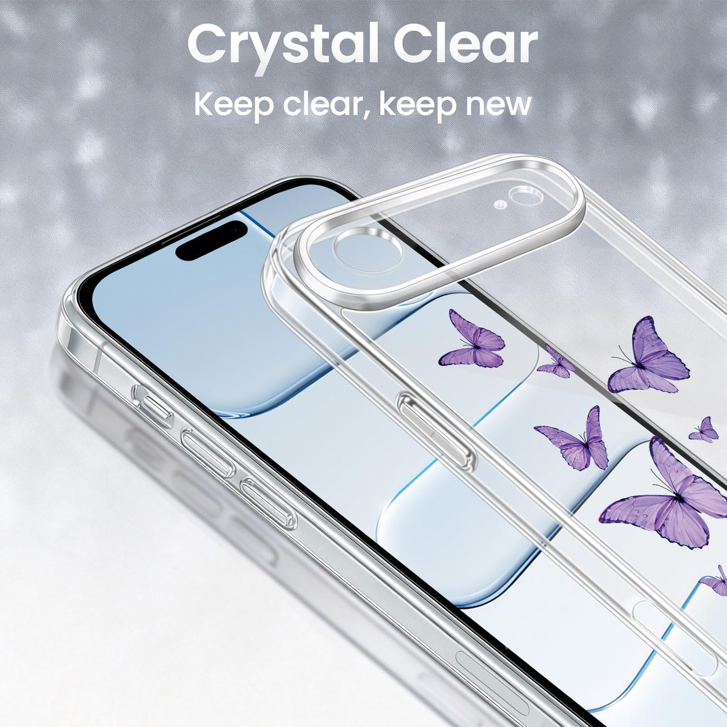 Cute Girly Crystal Clear Case Compatible with iPhone 16 Pro, Camera Control & Shockproof Protection Floral Case for Women, Blue Butterflies WN420
