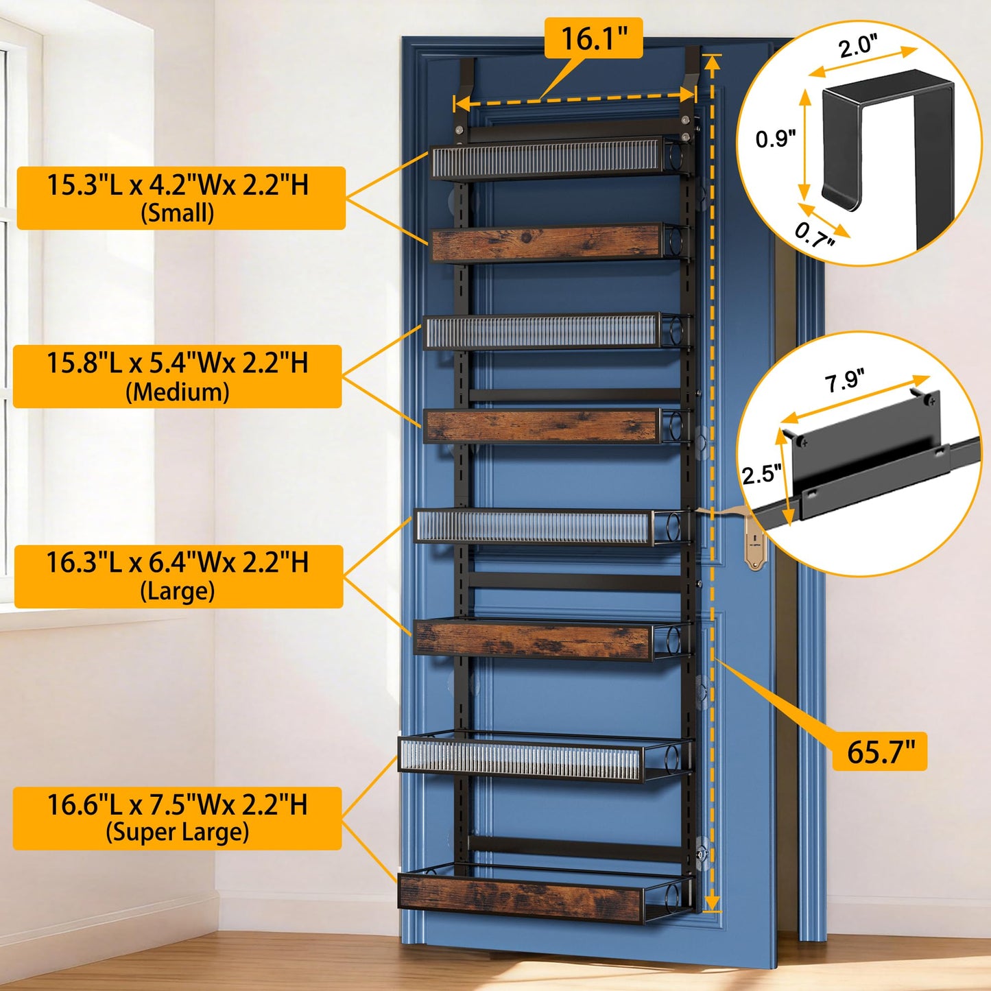 6 Tier Pantry Door Organizer Spice Rack, 2-IN-1 Wall Mount or Hanging Over Door Seasoning Organizer with Adjustable Baskets, Heavy Duty Behind Door Storage Shelves for Pantry, Cabinet and Kitchen BST220