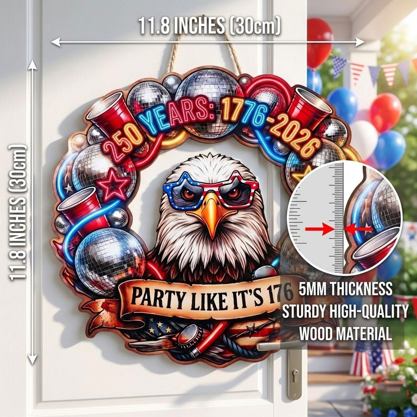 USA 250th Anniversary Wooden Door Sign, 1776-2026 Commemorative Bald Eagle Patriotic Wall Hanging Decor, Cheers to Freedom Party Wreath for July 4th Home Porch Decor (250year-1) BST202
