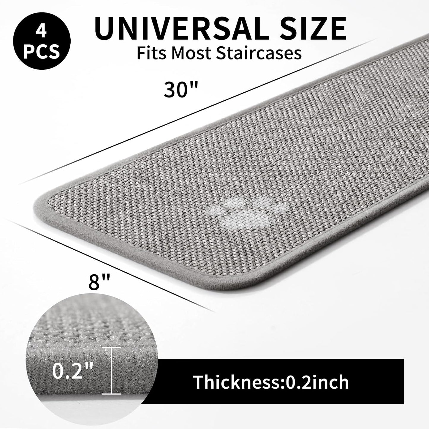 YDKGL Stair Treads Non Slip Indoor 4PCS, Rubber Backing Stair Runner Rugs for Wooden Steps, Residue Free Stair Carpet Treads for Kids Elders and Pets, Machine Washable Stair Mats, Gray, 8" x 30" WN420