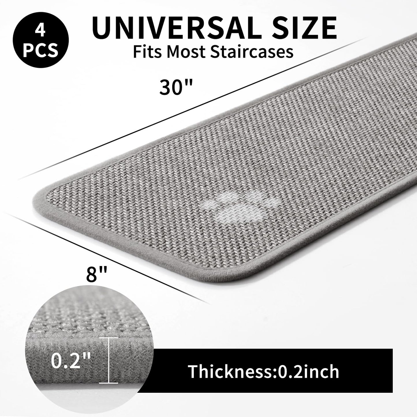 YDKGL Stair Treads Non Slip Indoor 4PCS, Rubber Backing Stair Runner Rugs for Wooden Steps, Residue Free Stair Carpet Treads for Kids Elders and Pets, Machine Washable Stair Mats, Gray, 8" x 30" WN420
