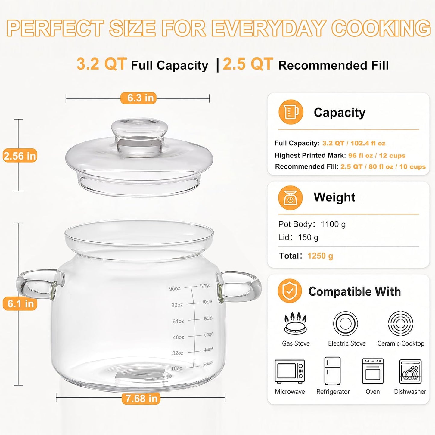 3.2 QT Glass Simmer Pot with Lid and Measuring Marks for Stovetop | 5 mm Borosilicate Glass, 96 oz Measuring Marks, Gas, Electric & Ceramic Cooktops, Microwave, Oven & Dishwasher Safe DD1210