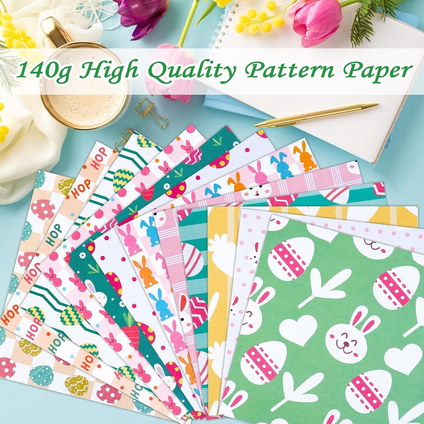 Konsait 24 Sheet Easter Pattern Paper Single Sided 6x6 Scrapbook Paper Bunny Rabbit Egg Hop patterned cardstock Easter Supplies for Diy Making Greeting Cards and Decorating Photo Albums BST326L