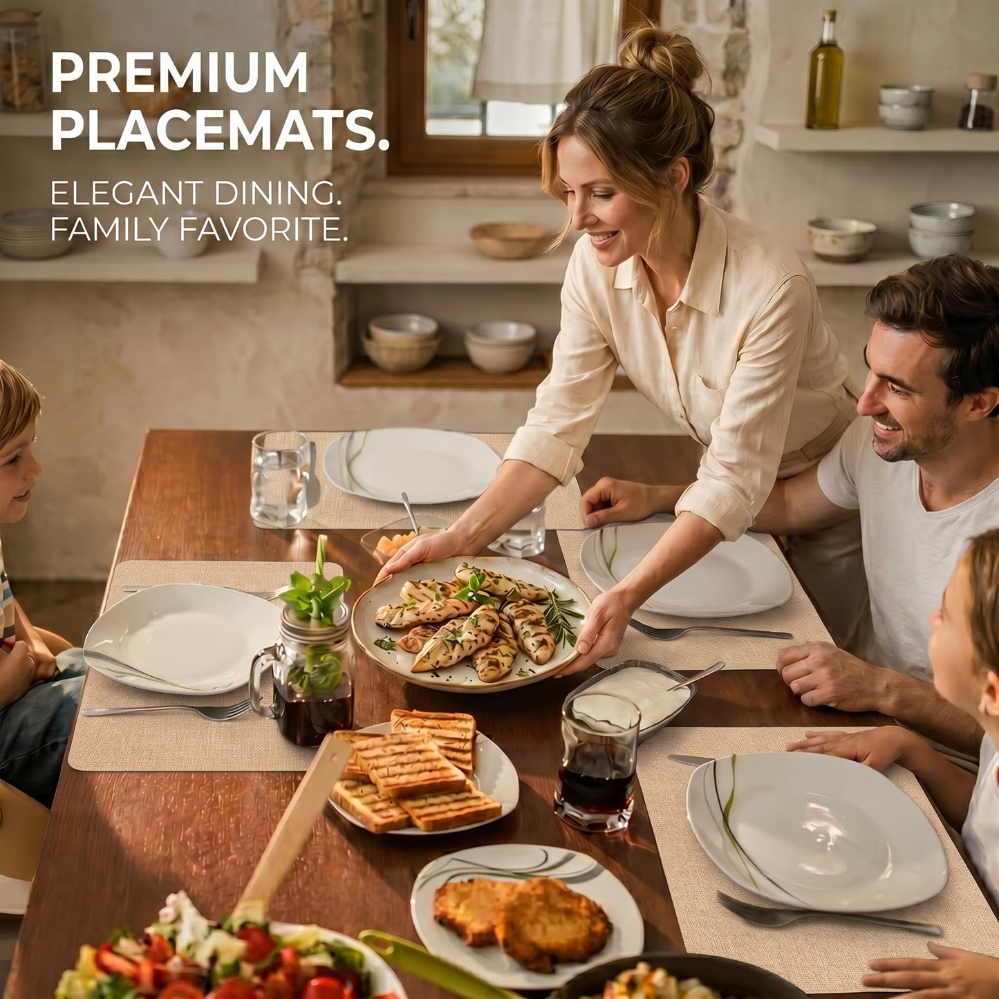 Faux Leather Placemats Set of 6, Wipeable Waterproof Stain Resistant Table Mats, Heat Resistant Thick Placemats with Hand-Painted Edges for Kitchen Dining, Imitative Linen Texture, Various Shapes BST326H