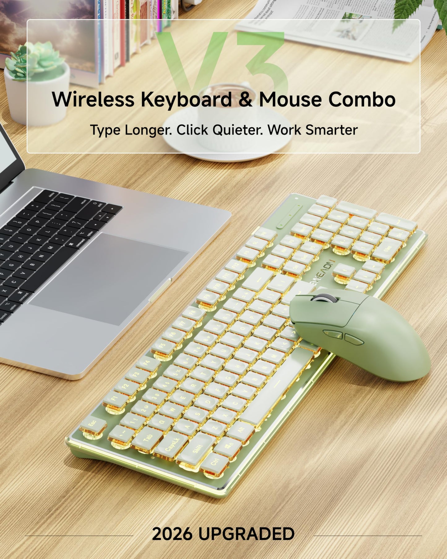 V3 Wireless Keyboard and Mouse with Single Backlit, Metal Panel, Bluetooth/2.4G Rechargeable Computer Keyboard and Mouse Combo Silent Lighted Full Size Cute Keyboards-White