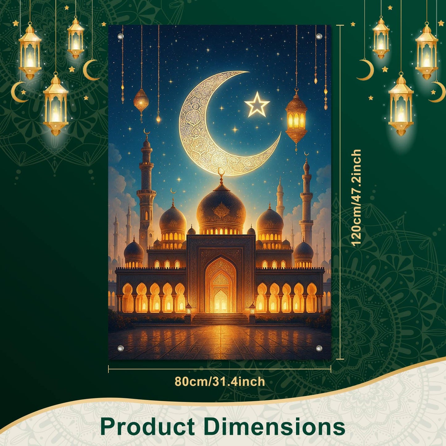 HOMETITUTE Eid Ramadan Window Banner Holiday Curtain Backdrop 31x47 Fabric | Mubarak Cover Festival Screen Windows Banner Hanging Living Room Bedroom Home Crescent Moon Star Pattern Design BST326H
